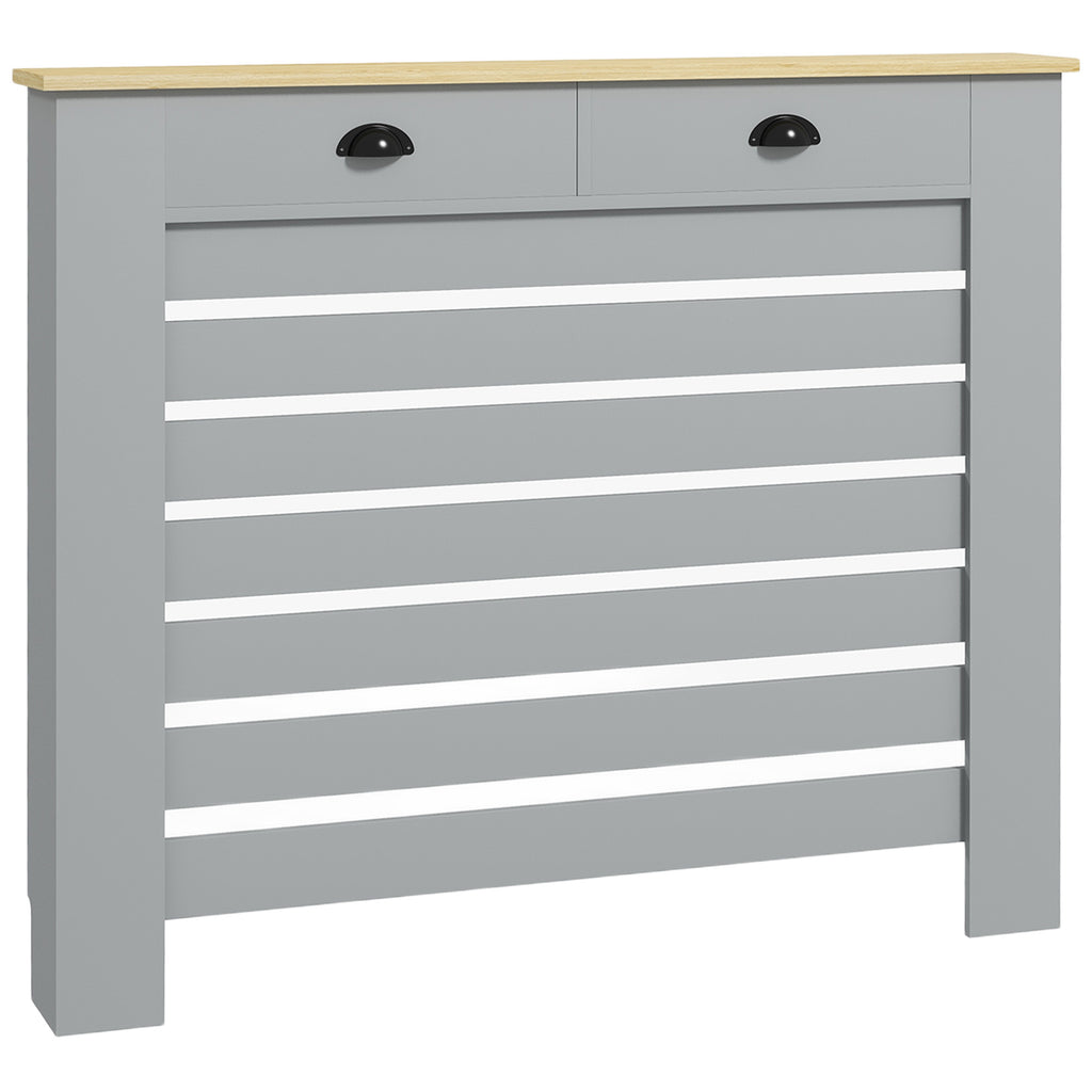 Slatted MDF Radiator Cover, Grille Radiator Cover with 2 Drawers, 111x19x95.5 cm, Grey