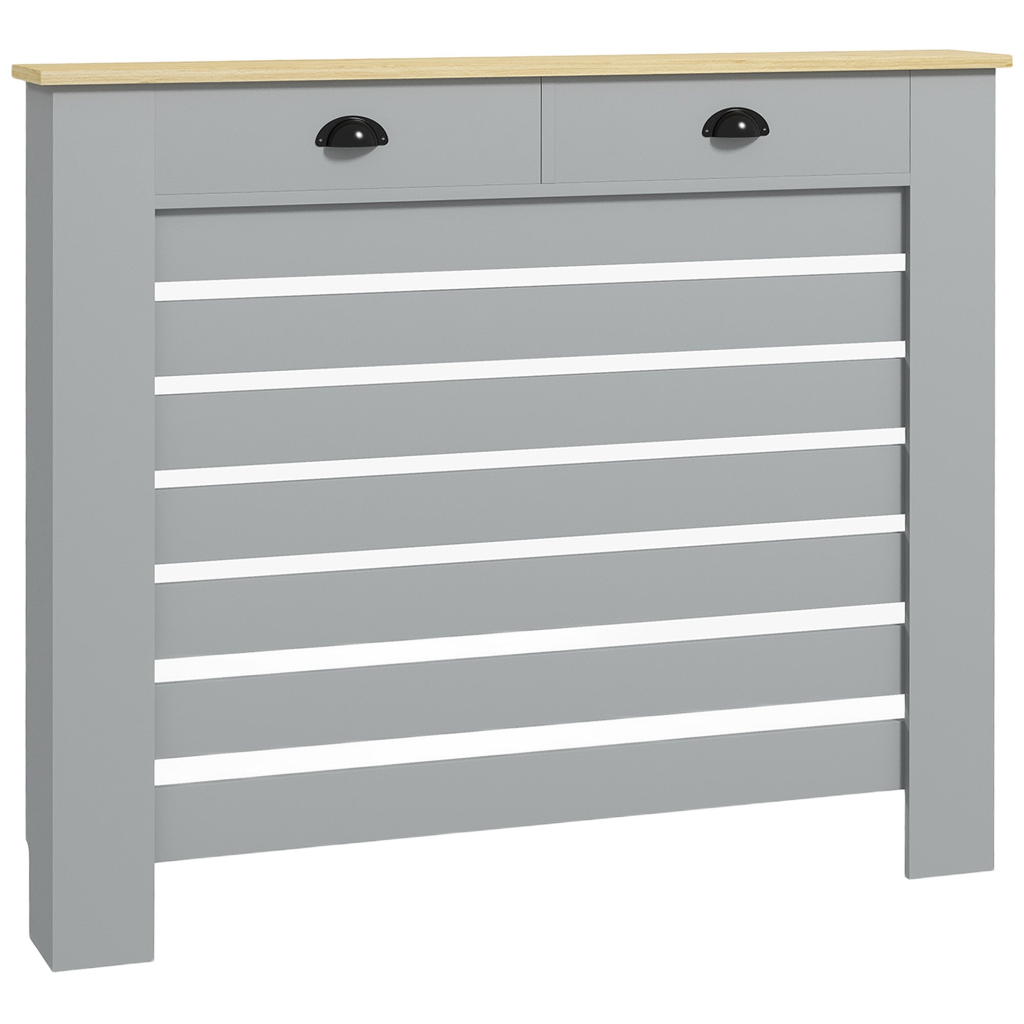 Slatted MDF Radiator Cover, Grille Radiator Cover with 2 Drawers, 111x19x95.5 cm, Grey