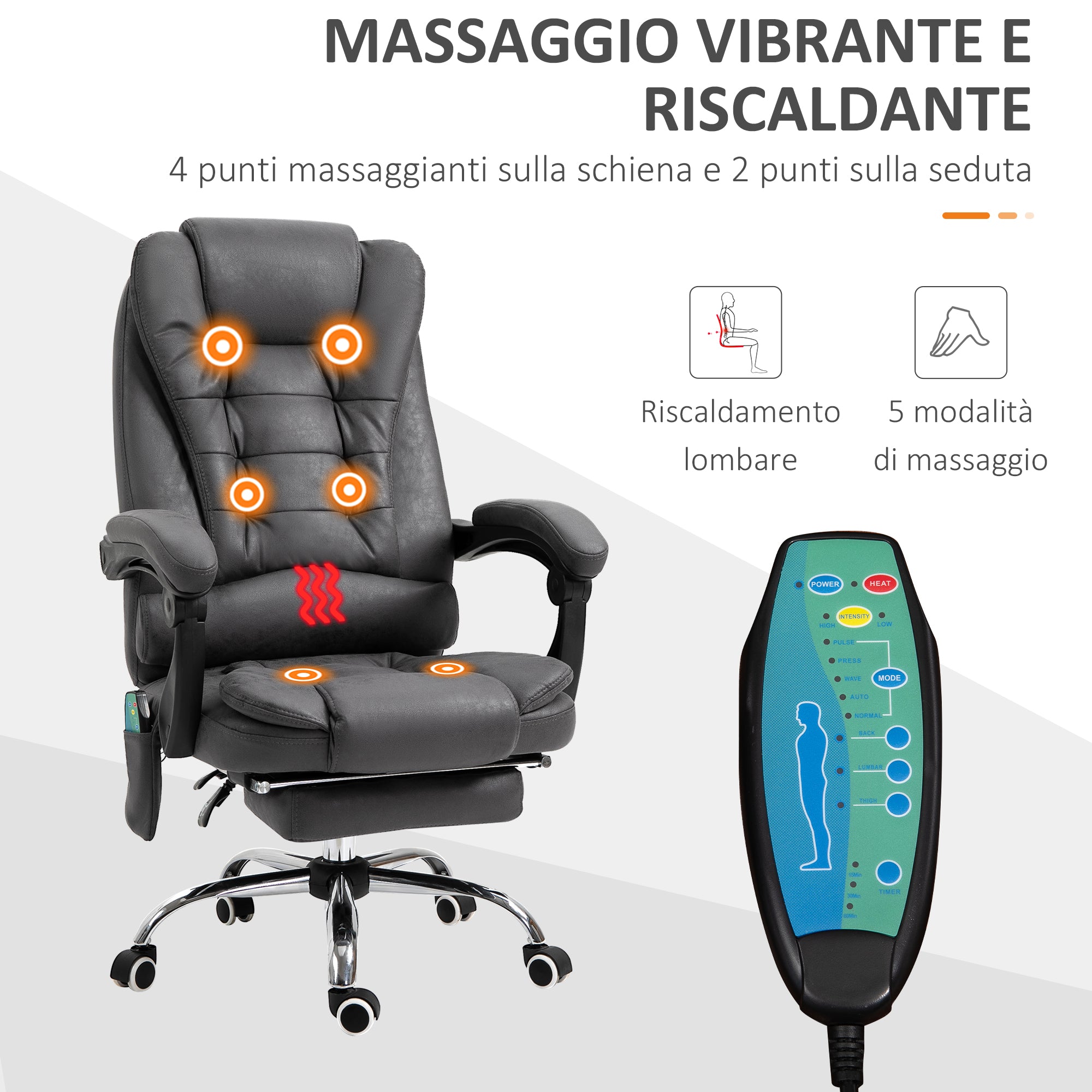 View of the massacle and reclining office armchair with adjustable heating and height, gray - Borgè