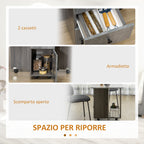 Folding Table with 2 Drawers and Cabinet, 6 Wheels and Brakes, 120x60x76.5 cm, Wood and Rock Grey
