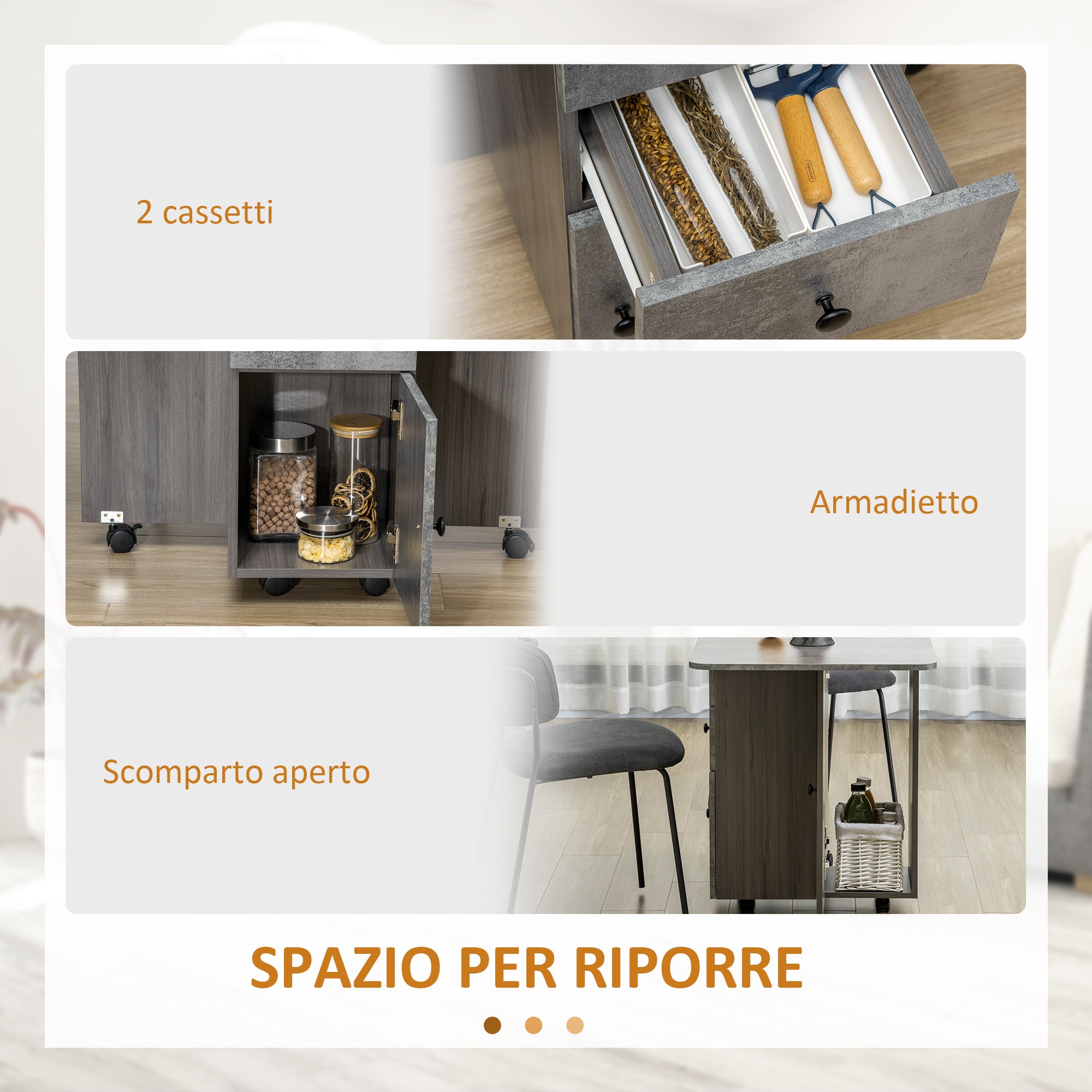 Folding Table with 2 Drawers and Cabinet, 6 Wheels and Brakes, 120x60x76.5 cm, Wood and Rock Grey