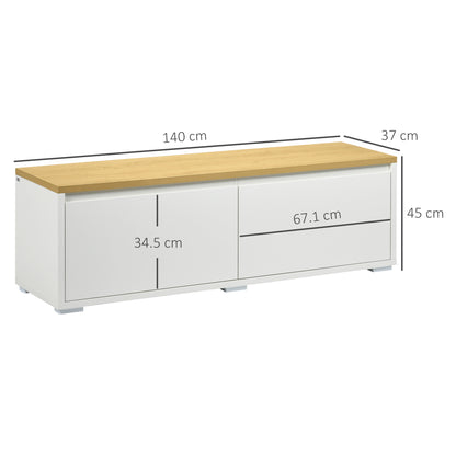 TV Stand up to 65" with Cabinets and Drop-Door in Chipboard, 140x37x45cm, White and Wood Color