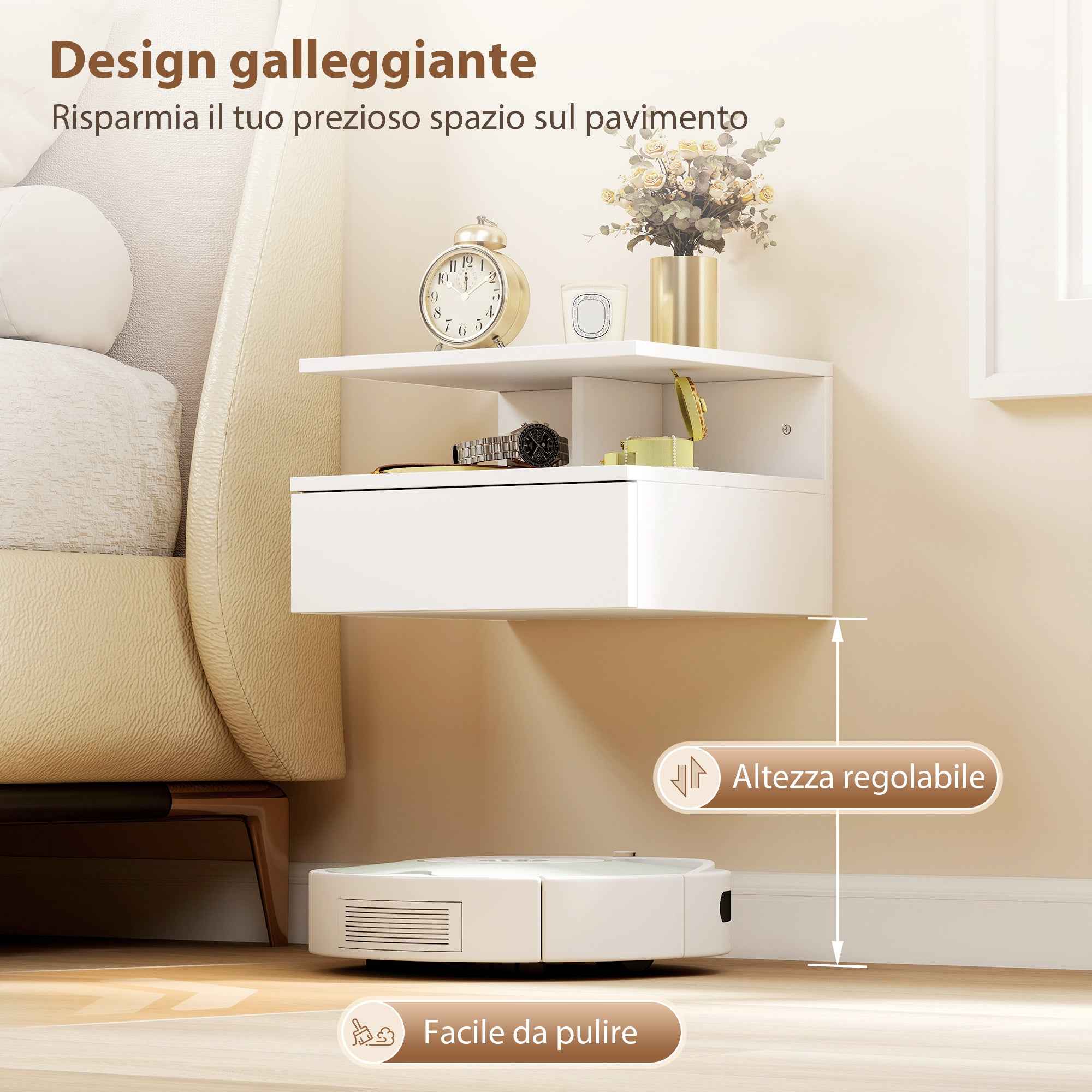 HOMCOM Set of 2 Floating Bedside Tables with Drawer and Open Shelf, 35x32x22.5 cm, White