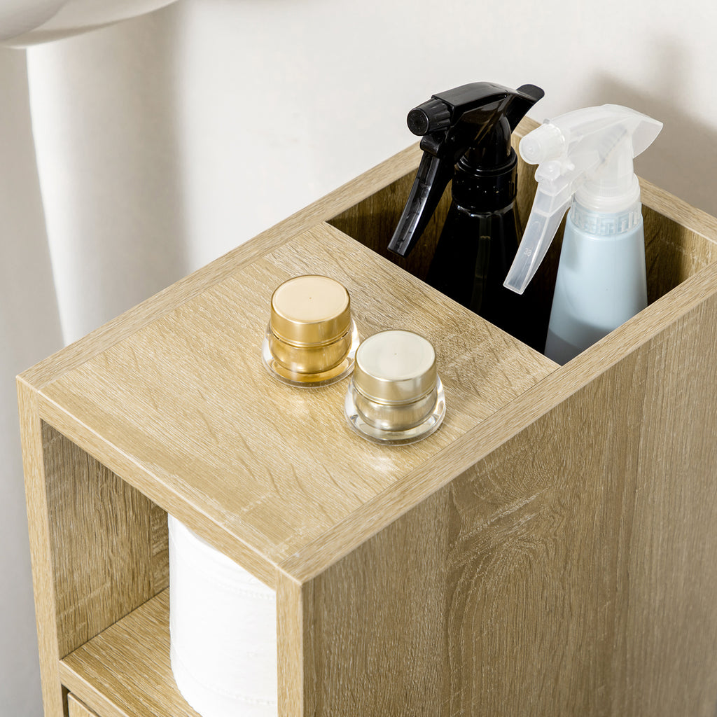 Kleankin Bathroom Cabinet, Bathroom Furniture with 4 Wheels, 1 Drawer, 1 Cabinet with Door, 2 Open Cabinets, Oak Color, 18x30x68.5 cm