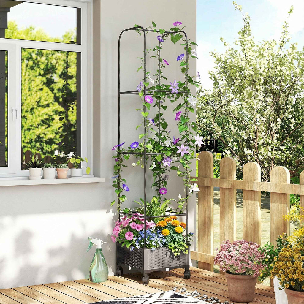 Outsunny 185cm Raised Trellis Planter with Drainage Holes and 4 Wheels, PE and PP Coated Metal, Black