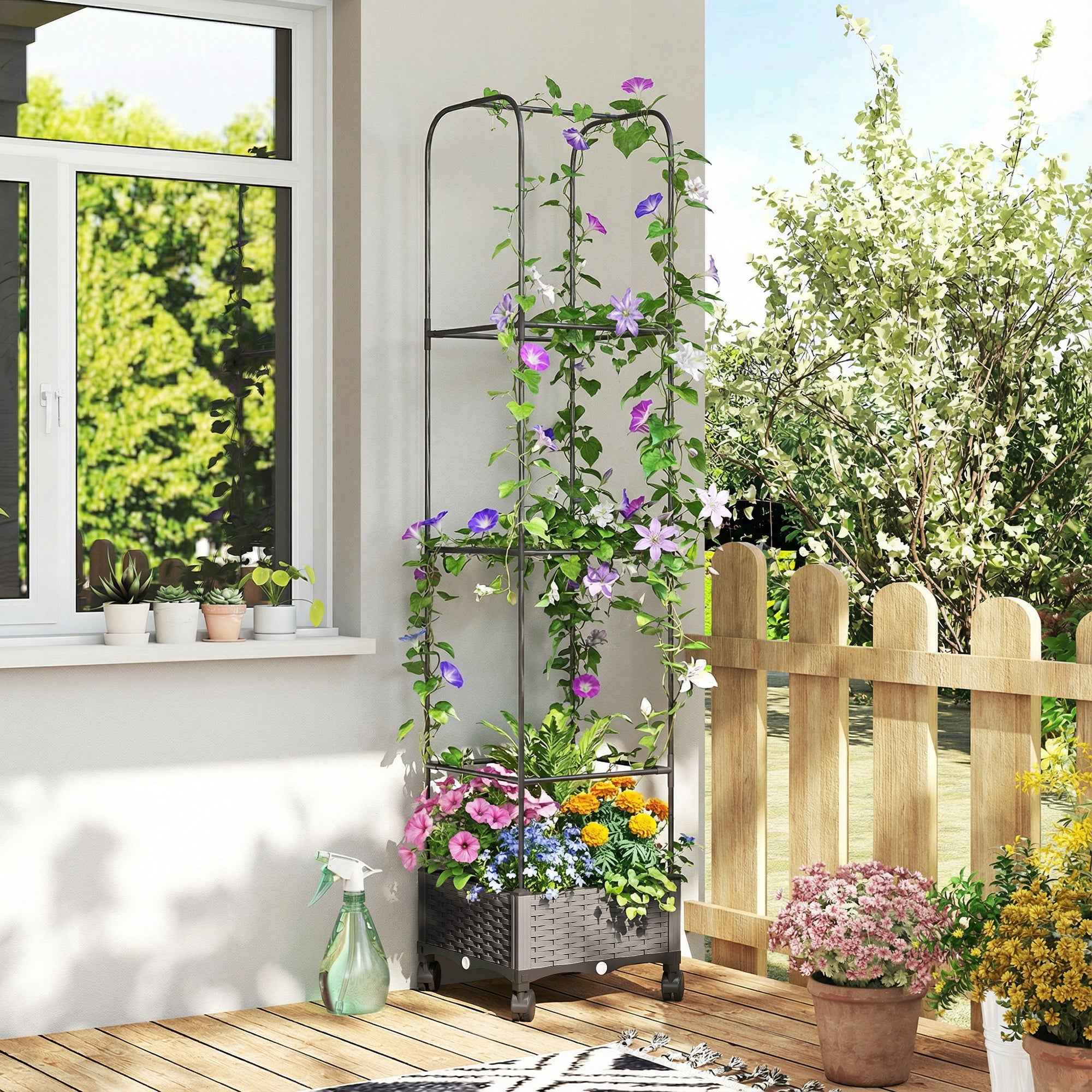 Outsunny 185cm Raised Trellis Planter with Drainage Holes and 4 Wheels, PE and PP Coated Metal, Black