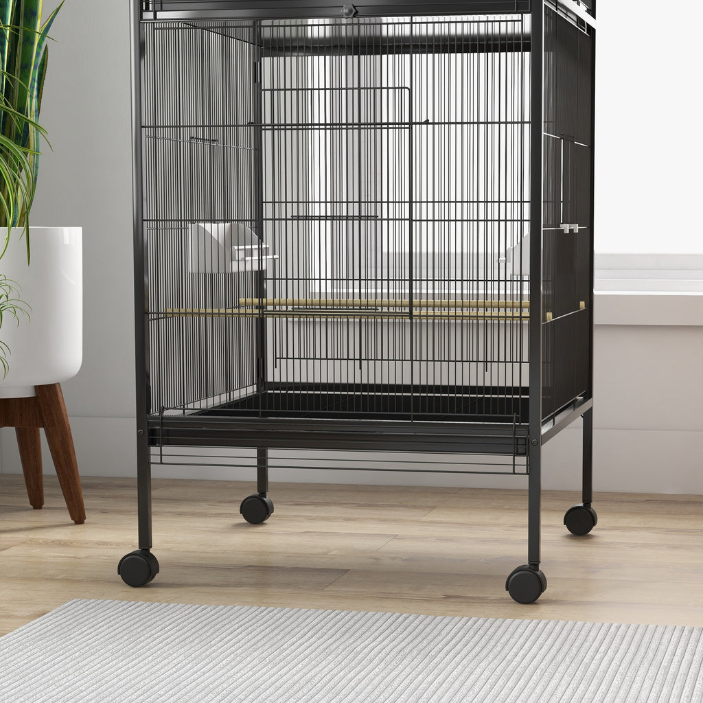 PawHut Wheeled Bird Aviary with Removable Plastic Trays and Perches, Metal, 71.8 x 71.8 x 170.2 cm, Black