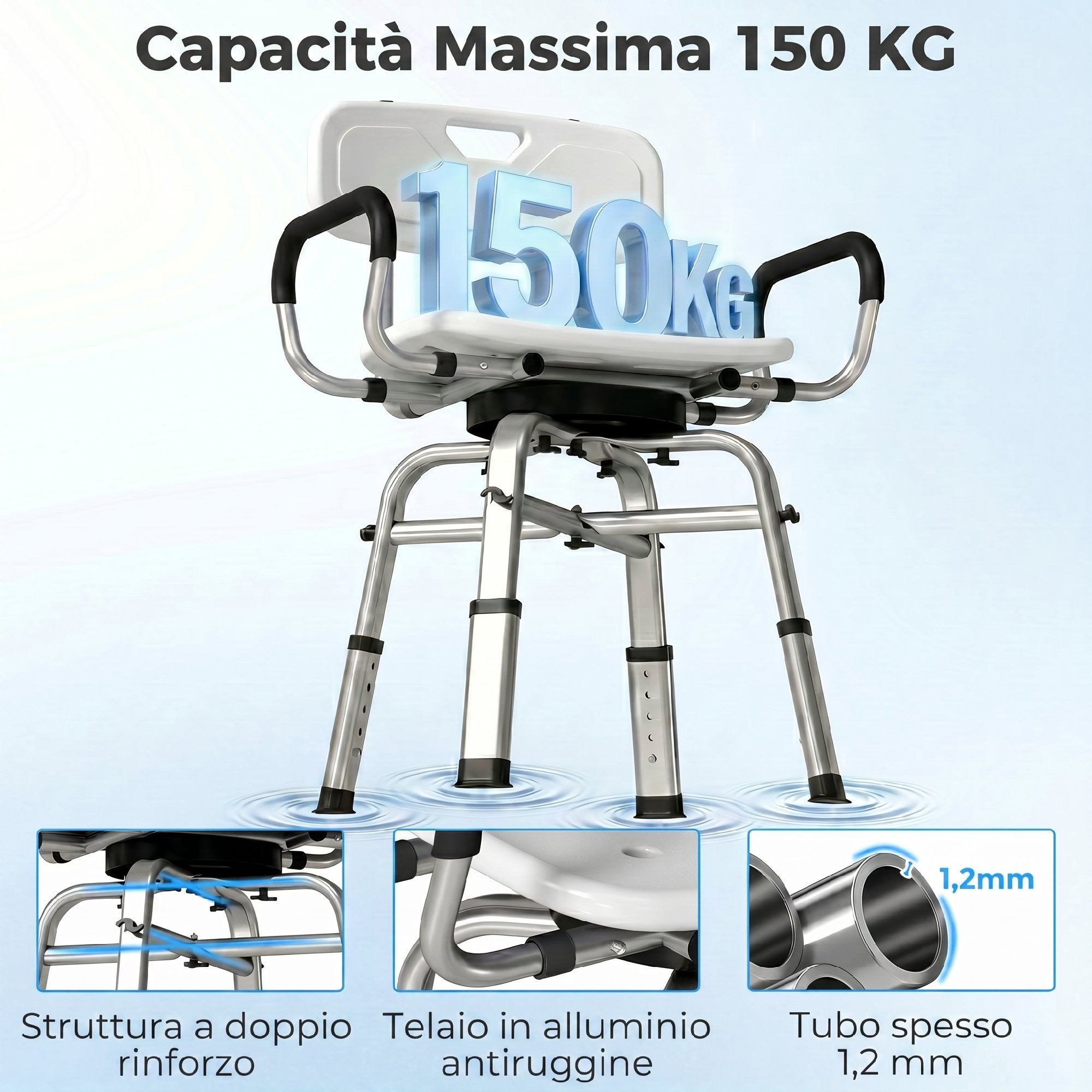 HOMCOM Height-Adjustable Swivel Shower Chair with Armrests, Backrest, 150kg Capacity, White
