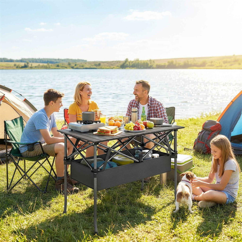 Outsunny Folding Camping Table with Metal Frame, Storage Net and Bag, 93x55x68 cm, Black