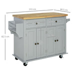Kitchen Trolley with 2 Drawers and 2 Cabinets, Wooden Top, Spice Rack and Tea Towel Holder, Grey