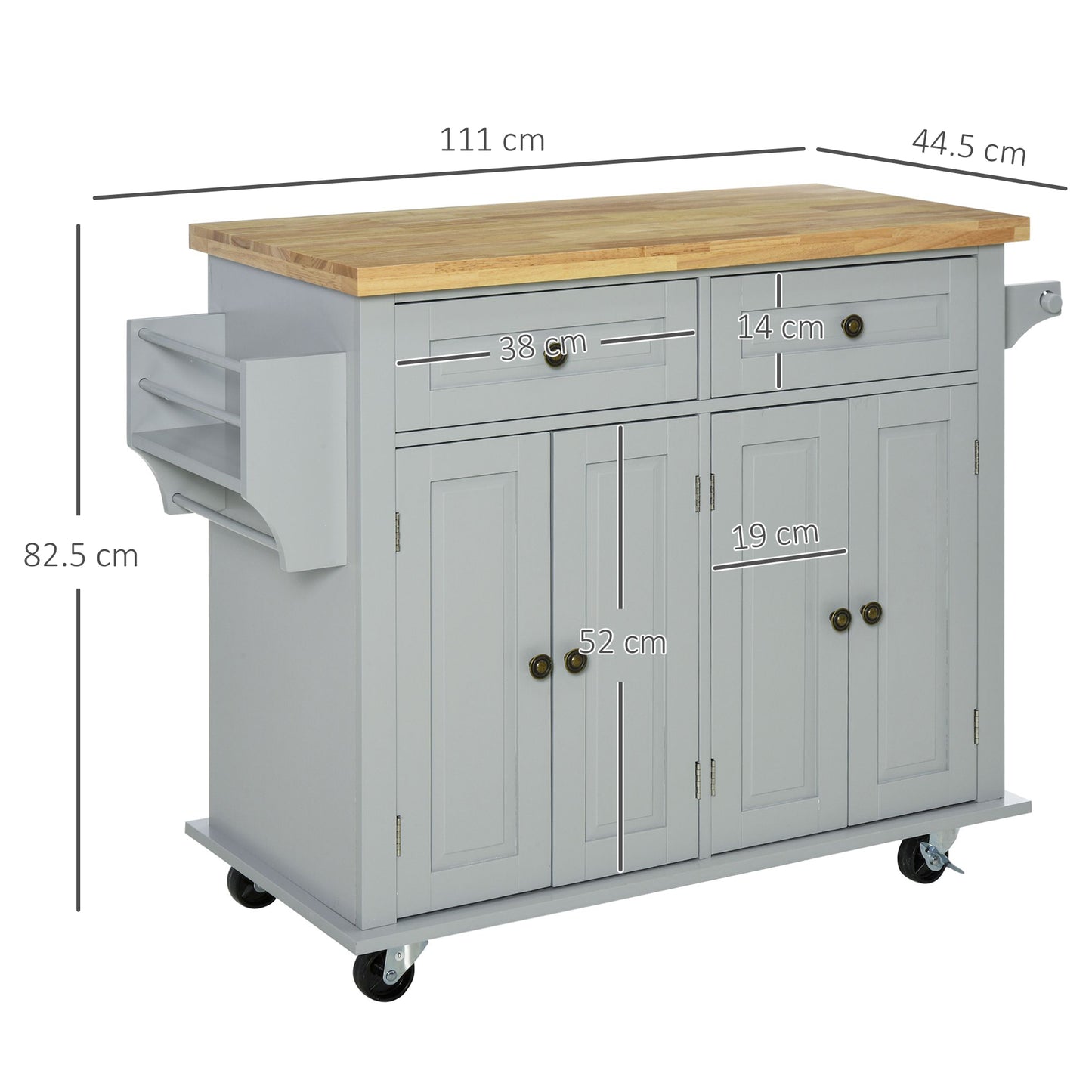 Kitchen Trolley with 2 Drawers and 2 Cabinets, Wooden Top, Spice Rack and Tea Towel Holder, Gray