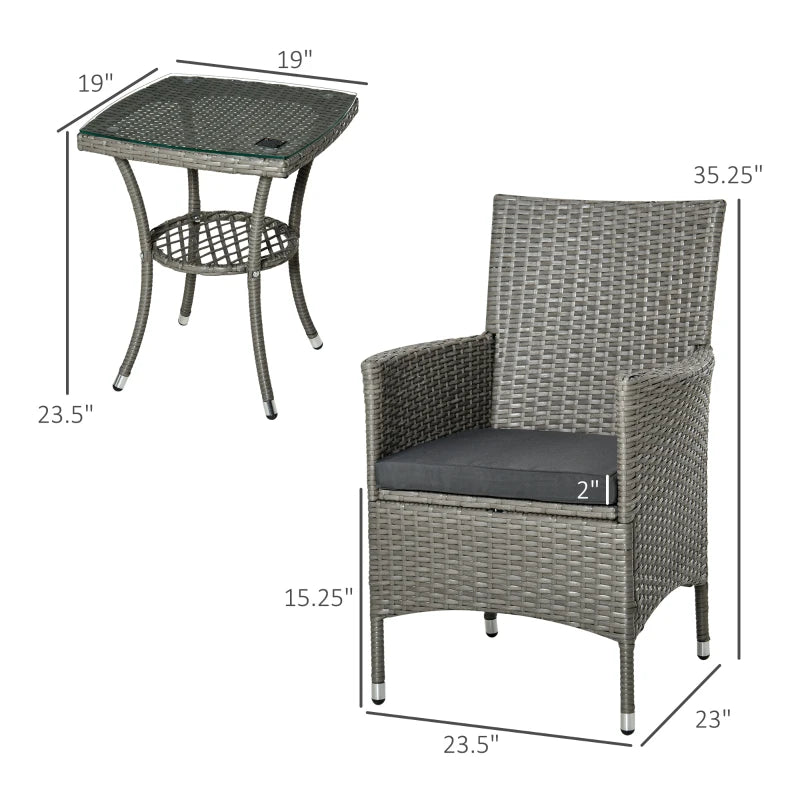 3-Piece Outdoor Garden Set in PE Rattan and Steel, Set of 2 Chairs with Washable Cushions, Armrests, Coffee Table with Glass Top, Garden Lounge for Balcony Patio Backyard, Grey - Borge' Group Limited