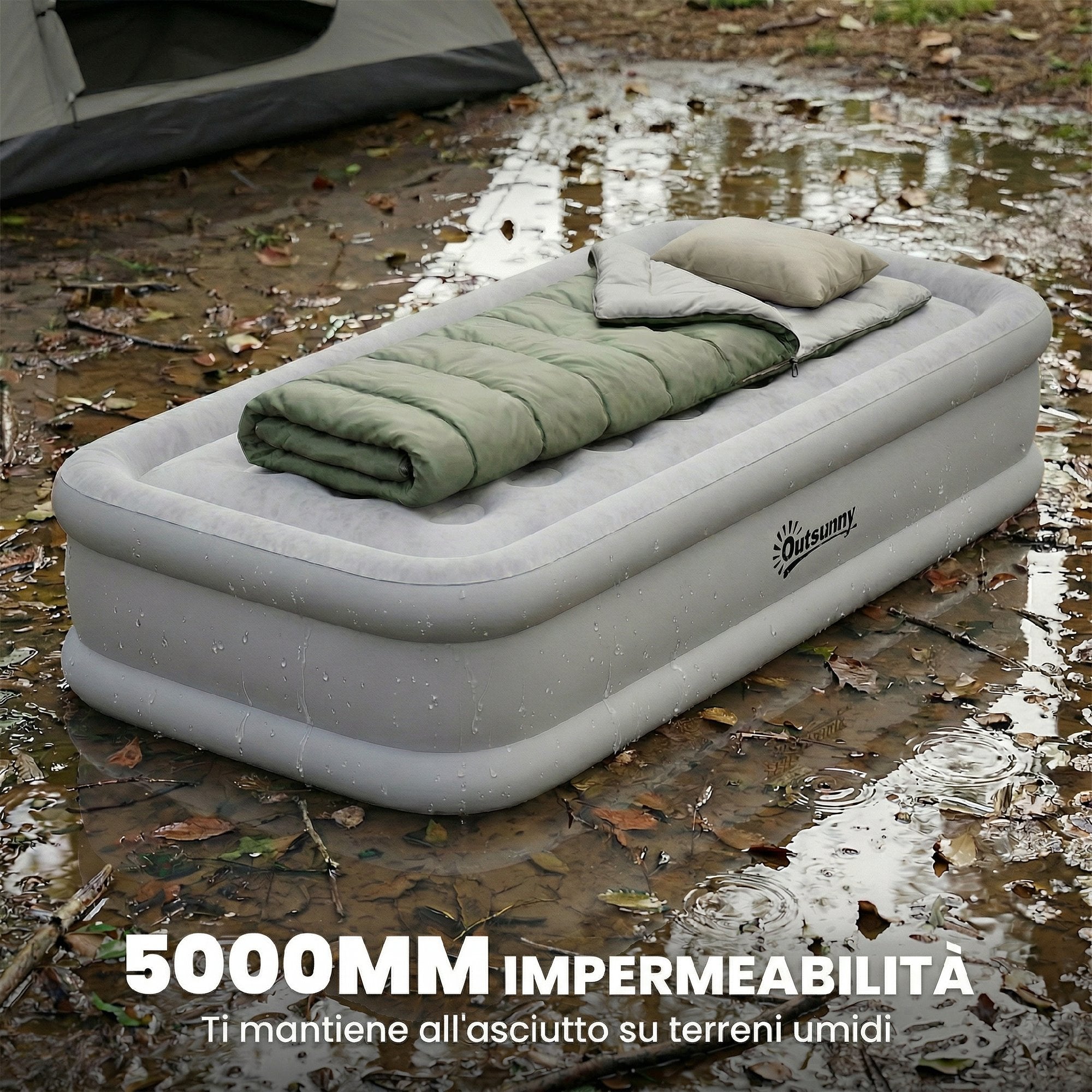 Outsunny Self-Inflating Single Mattress, Flocked Surface, with Inflation Pump and Carry Bag, Grey