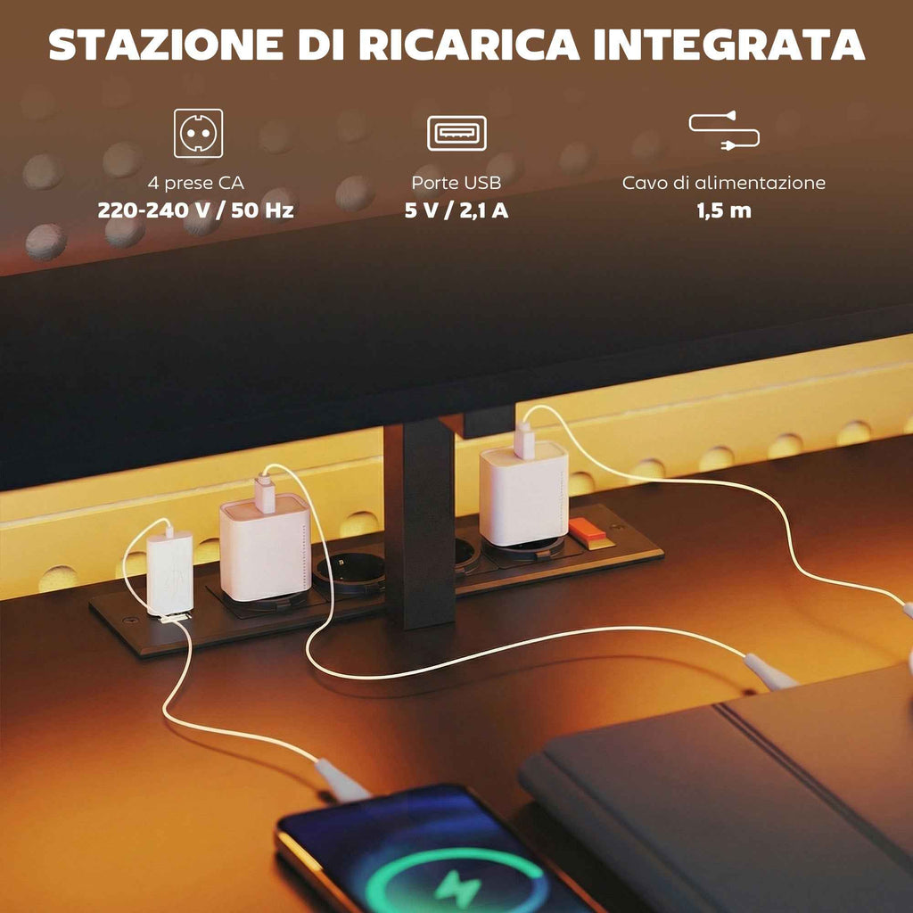 Corner Gaming Desk with Charging Hub, LED Lights and Monitor Stand, Wood and Steel, 192.5x80x86.5 cm, Black