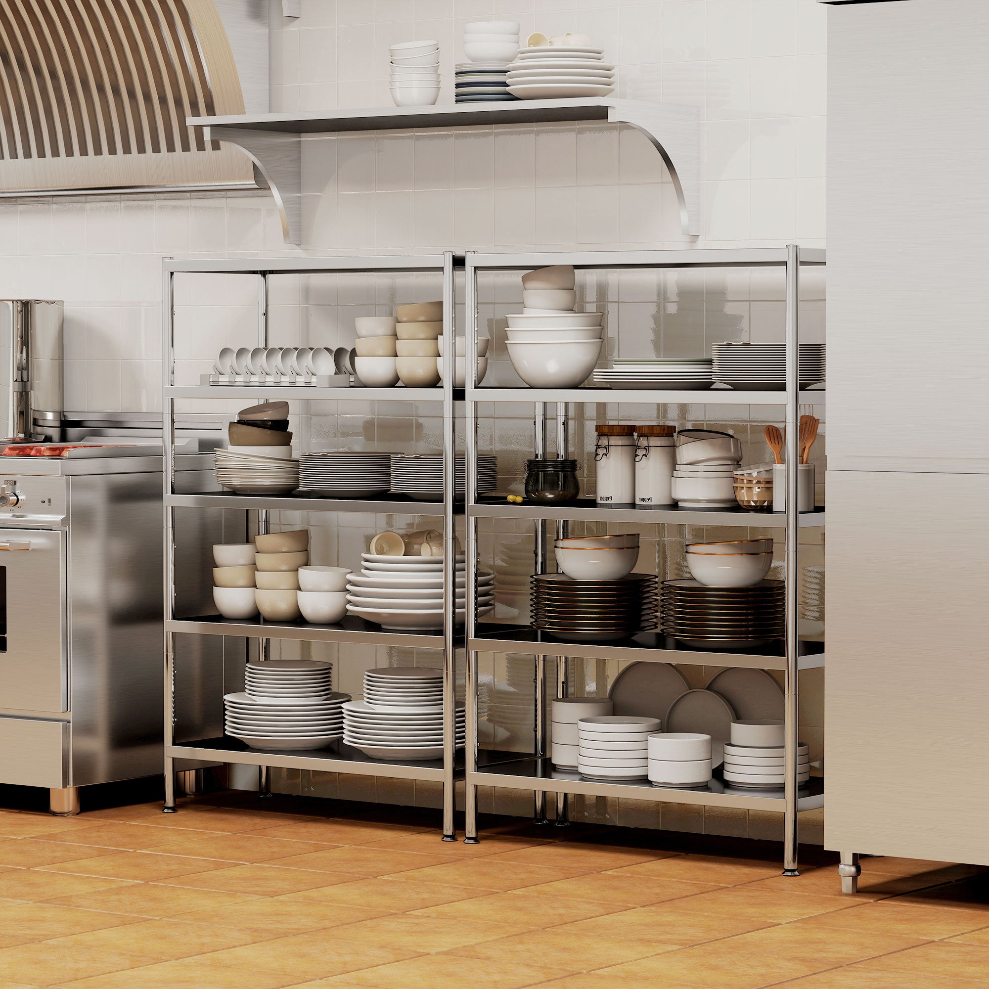 5-Tier Kitchen Shelf with 13 Adjustable Heights, Stainless Steel, 91 x 40 x 139 cm, Silver