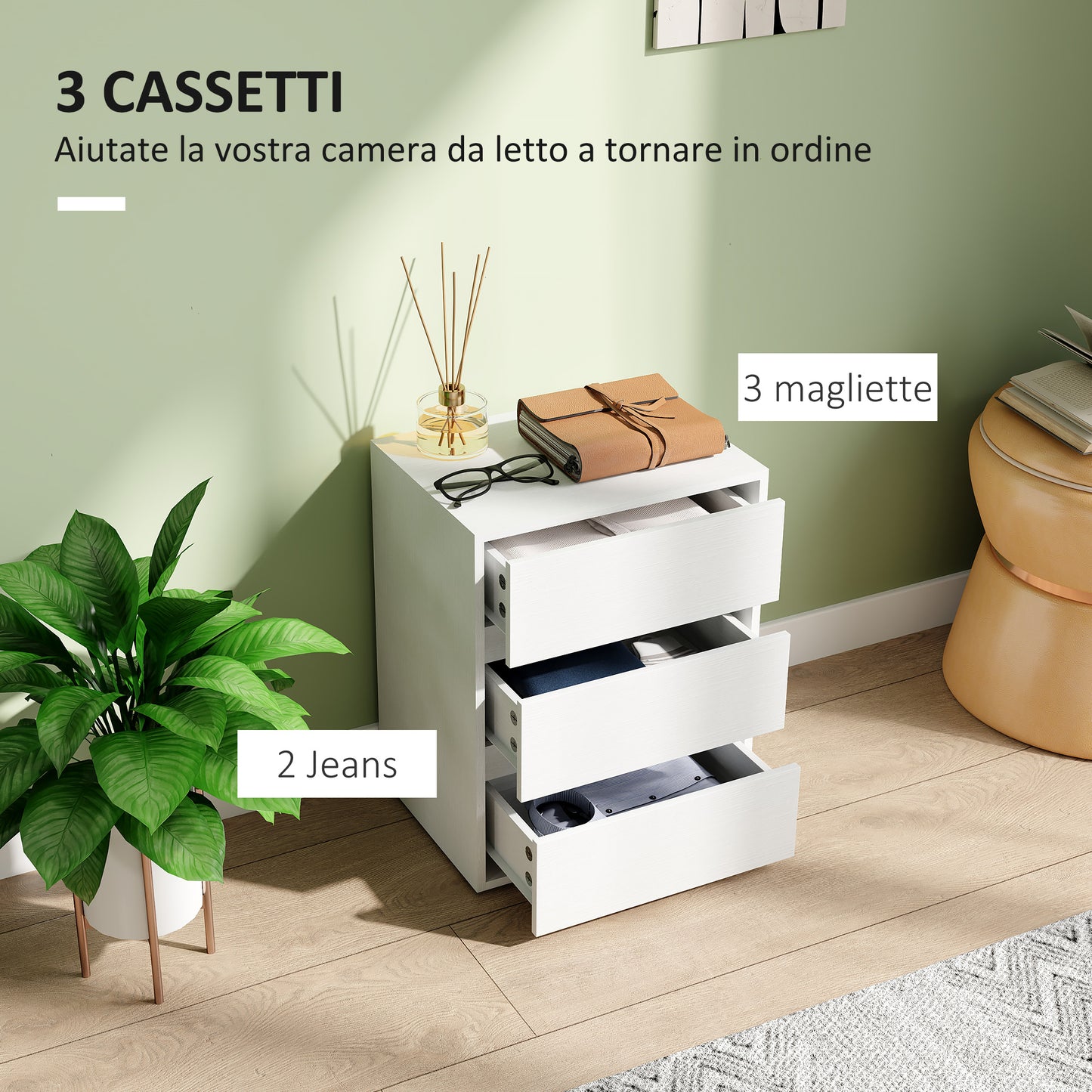 Modern 3-Drawer Chest of Drawers in White Wood, 40x30x50.5 cm