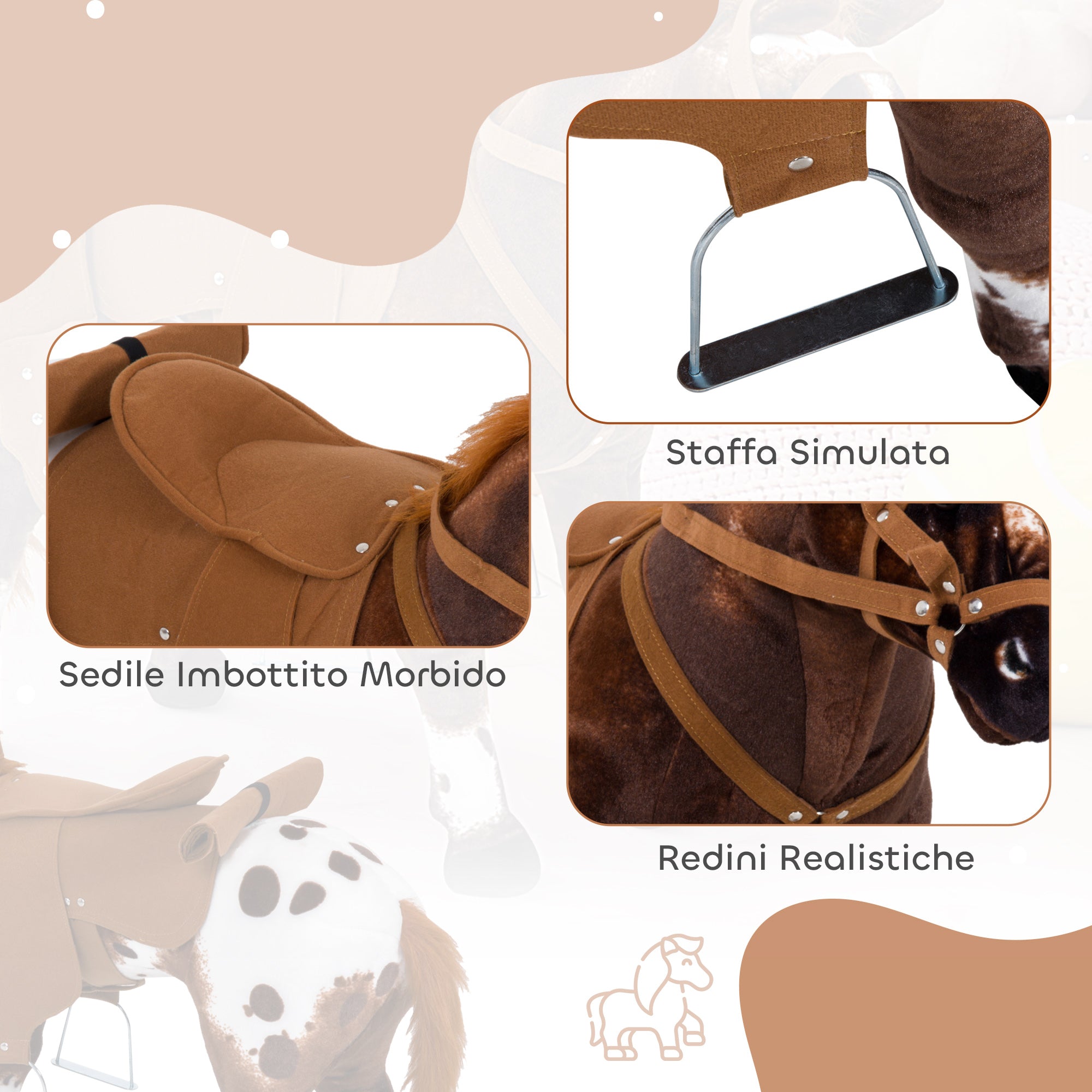 Rocking Horse for Children 2+ Years with Nitrite, Saddle and Stirrups, Plush and Metal, 85x28x60 cm, Brown