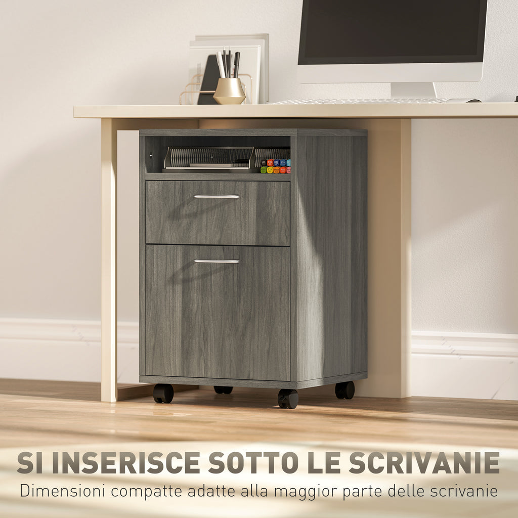 4-Wheel File Cabinet with Open Shelf and Drawers, Wood and Metal, 40x35x60 cm, Grey