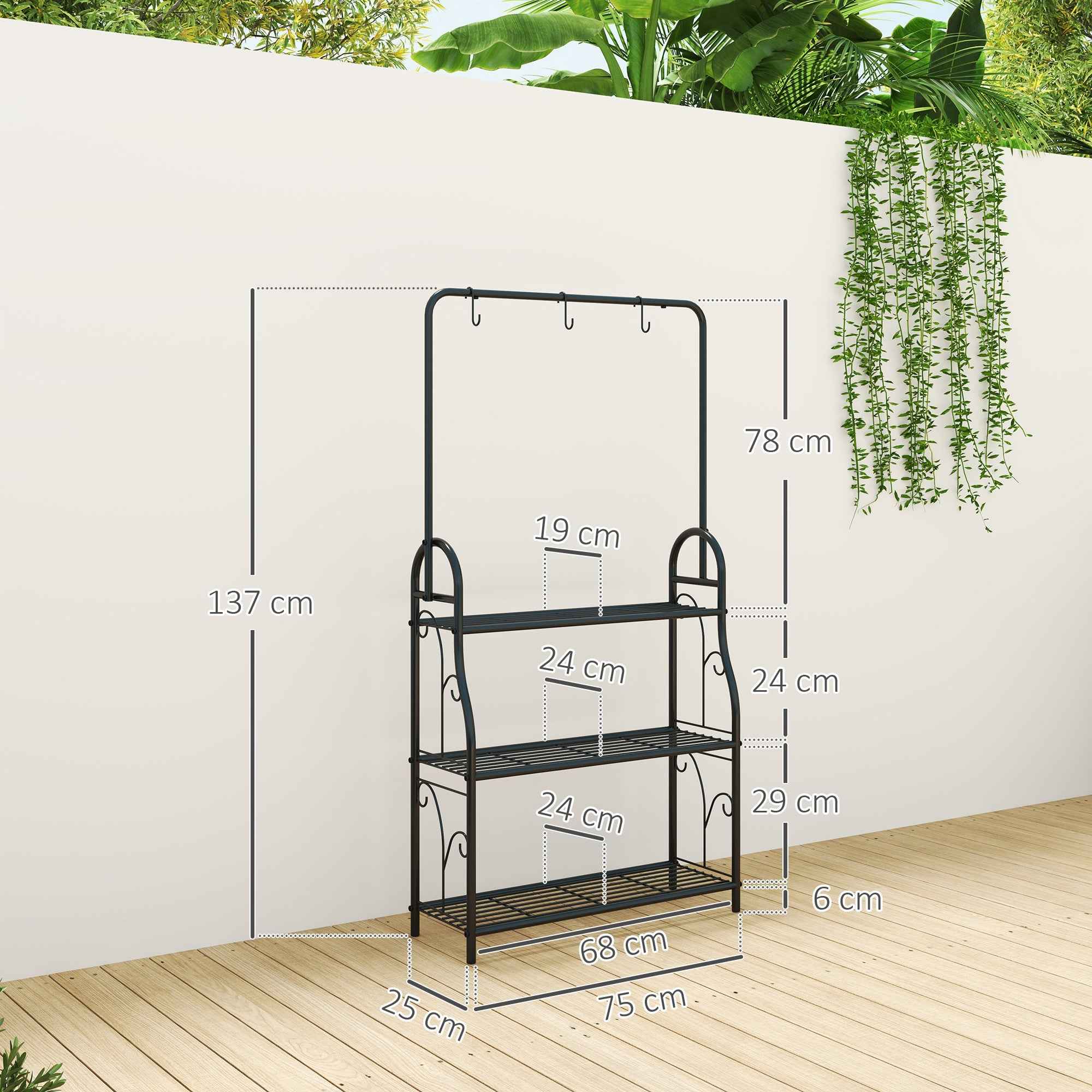 Outsunny 3-Tier Plant Stand with 3 Hooks, Metal, 162x221.5x163 cm, Black