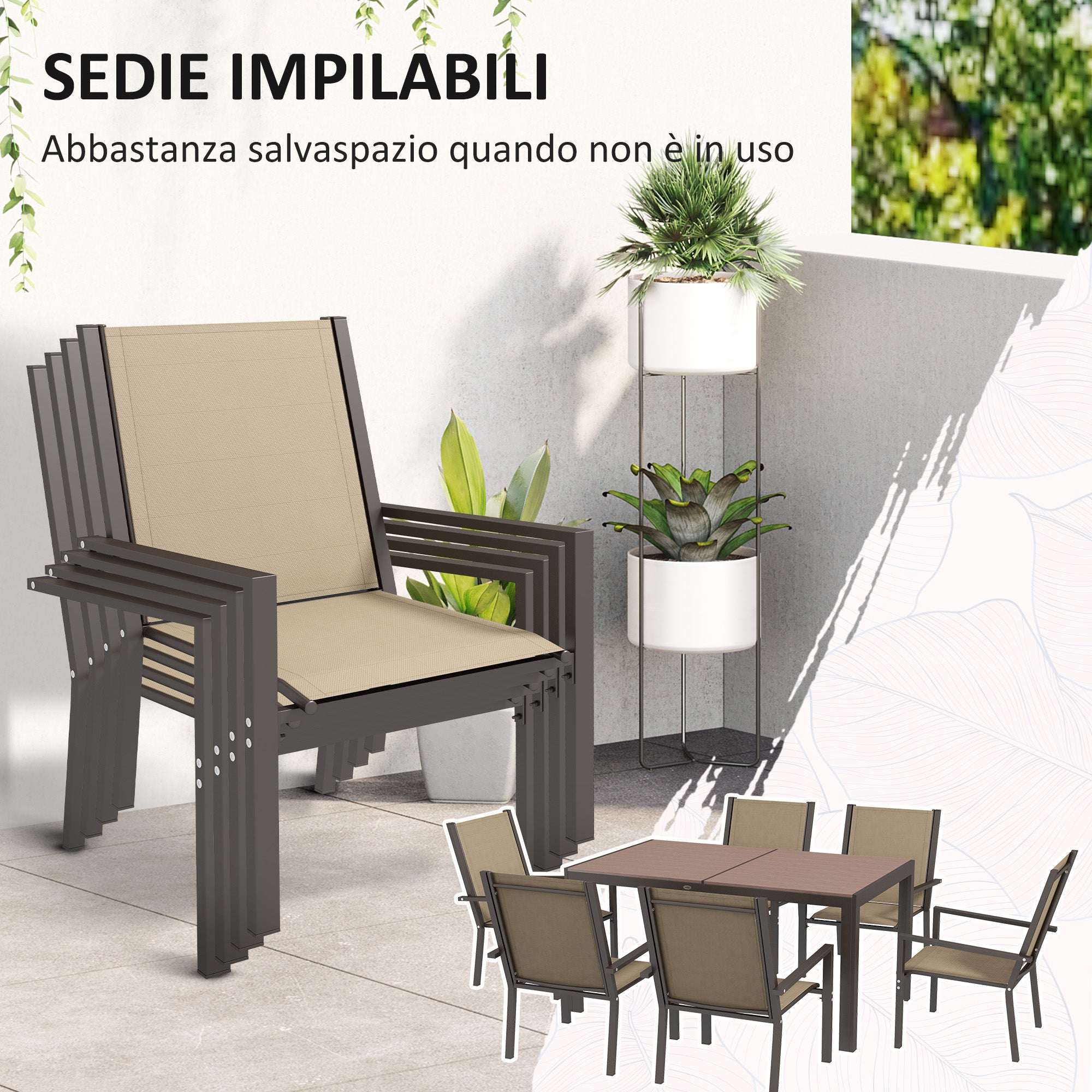7-Piece Plastic Garden Set with 6 Stackable Chairs and Rectangular Table, Khaki and Brown - Borgè