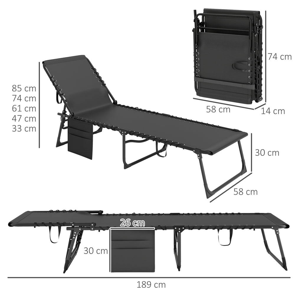 Outsunny Folding Sun Lounger with Cushion, Headrest and Side Pocket, 58x189x32.5 cm, Black