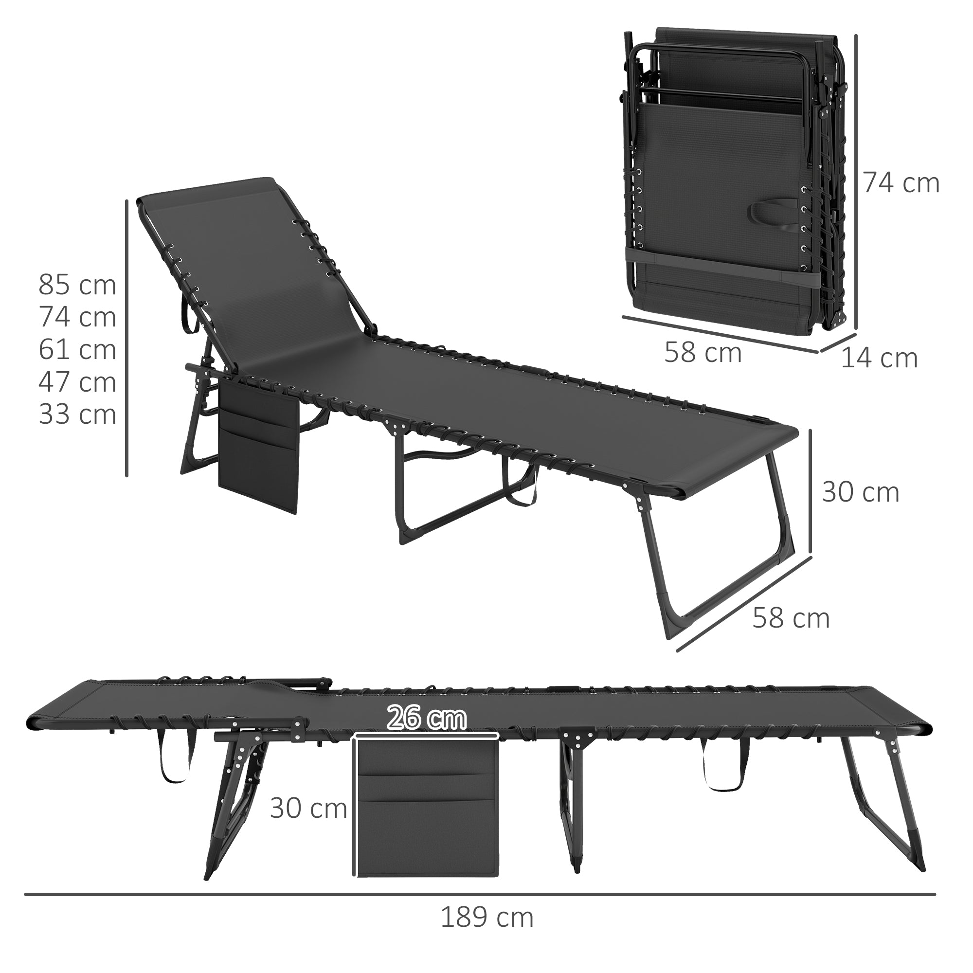 Outsunny Folding Sun Lounger with Cushion, Headrest and Side Pocket, 58x189x32.5 cm, Black
