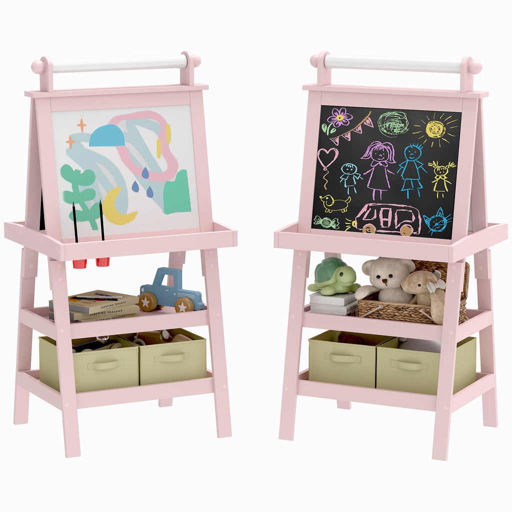 3 in 1 Children's Easel Blackboard, Paper Roll and 2 Containers, Wooden, 59x48x118 cm, Pink
