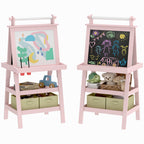 3 in 1 Children's Easel Blackboard, Paper Roll and 2 Containers, Wooden, 59x48x118 cm, Pink