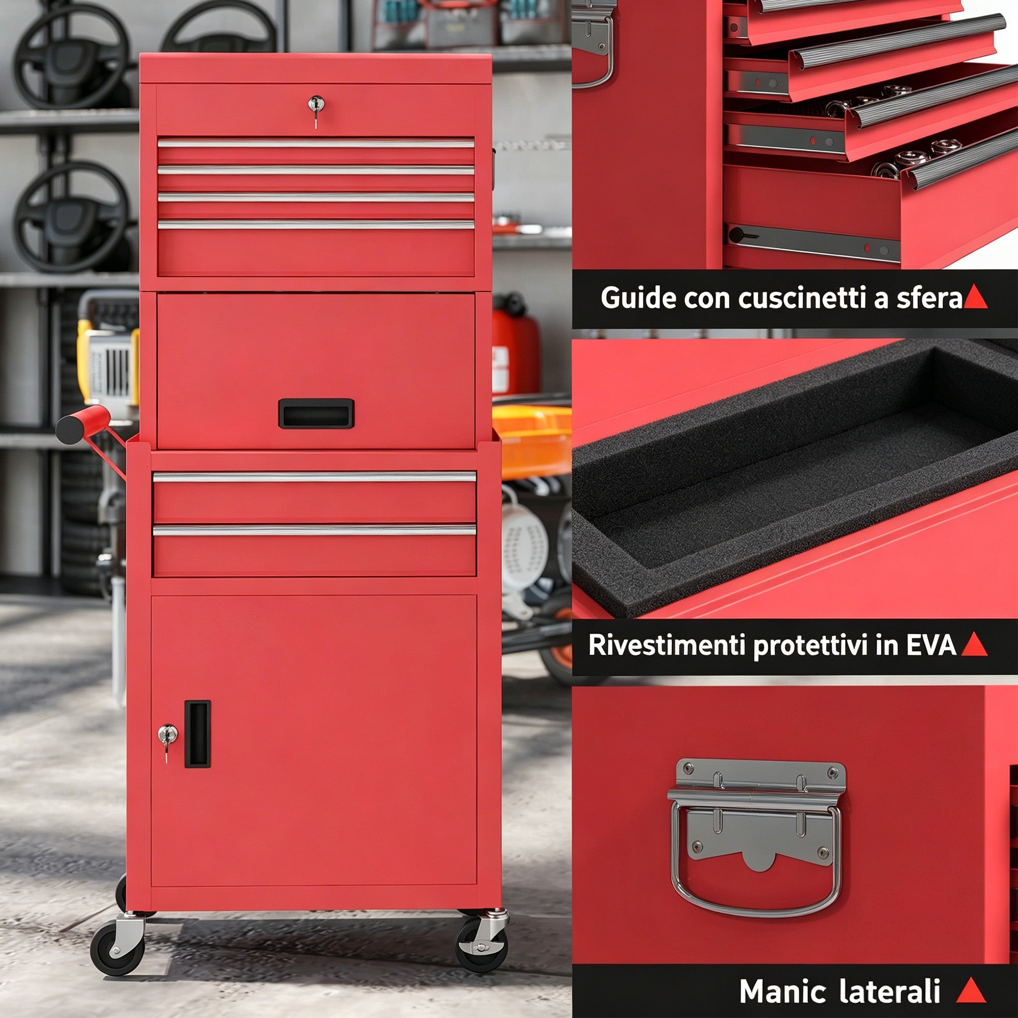 HOMCOM Steel Tool Cart with Lock, 6 Drawers, 2 Cabinets, Pegboard, Wheels and Handle, Red