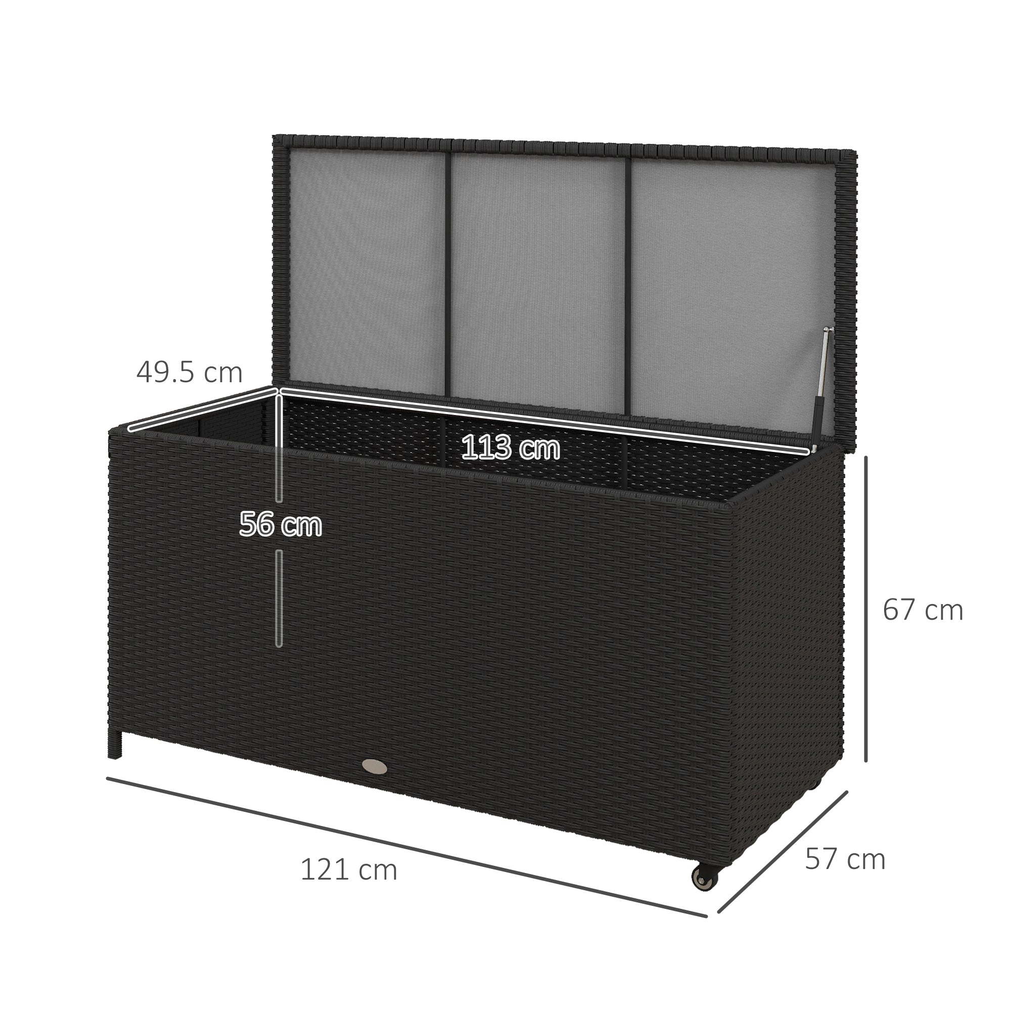 Outsunny garden trunk in Rattan pe with wheels and side handle, 121x57x67cm, black - Borgè