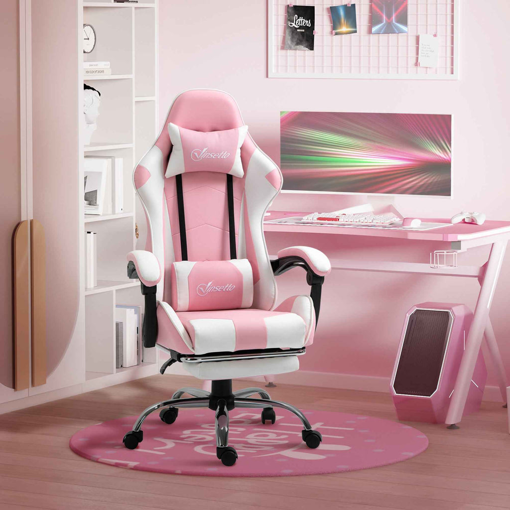 Vinsetto Ergonomic Reclining Gaming Chair with Headrest, Lumbar Cushion, Adjustable Height, Pink and White