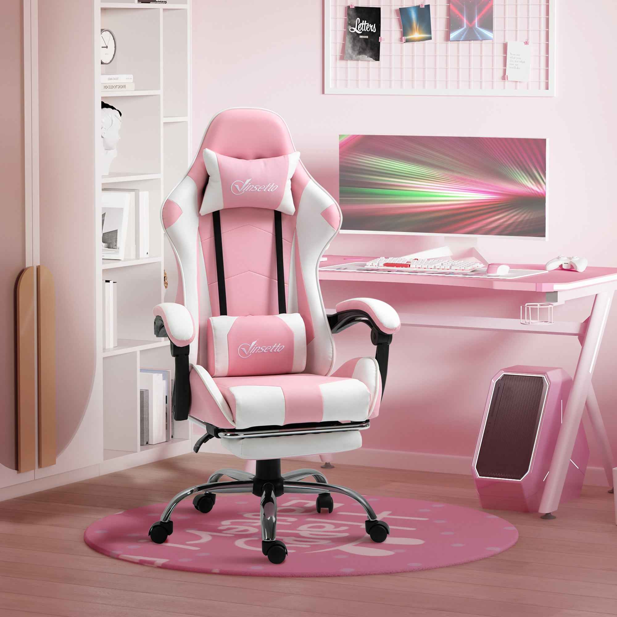 Vinsetto Ergonomic Reclining Gaming Chair with Headrest, Lumbar Cushion, Adjustable Height, Pink and White