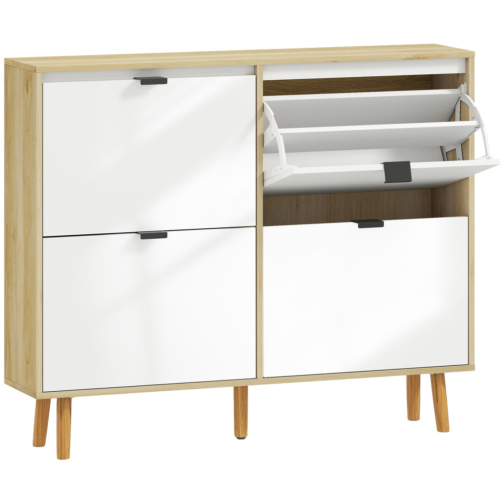 Slim Modern Shoe Rack with 4 Tilting Drawers for 20 Pairs of Shoes, 105x24x92.5 cm, White