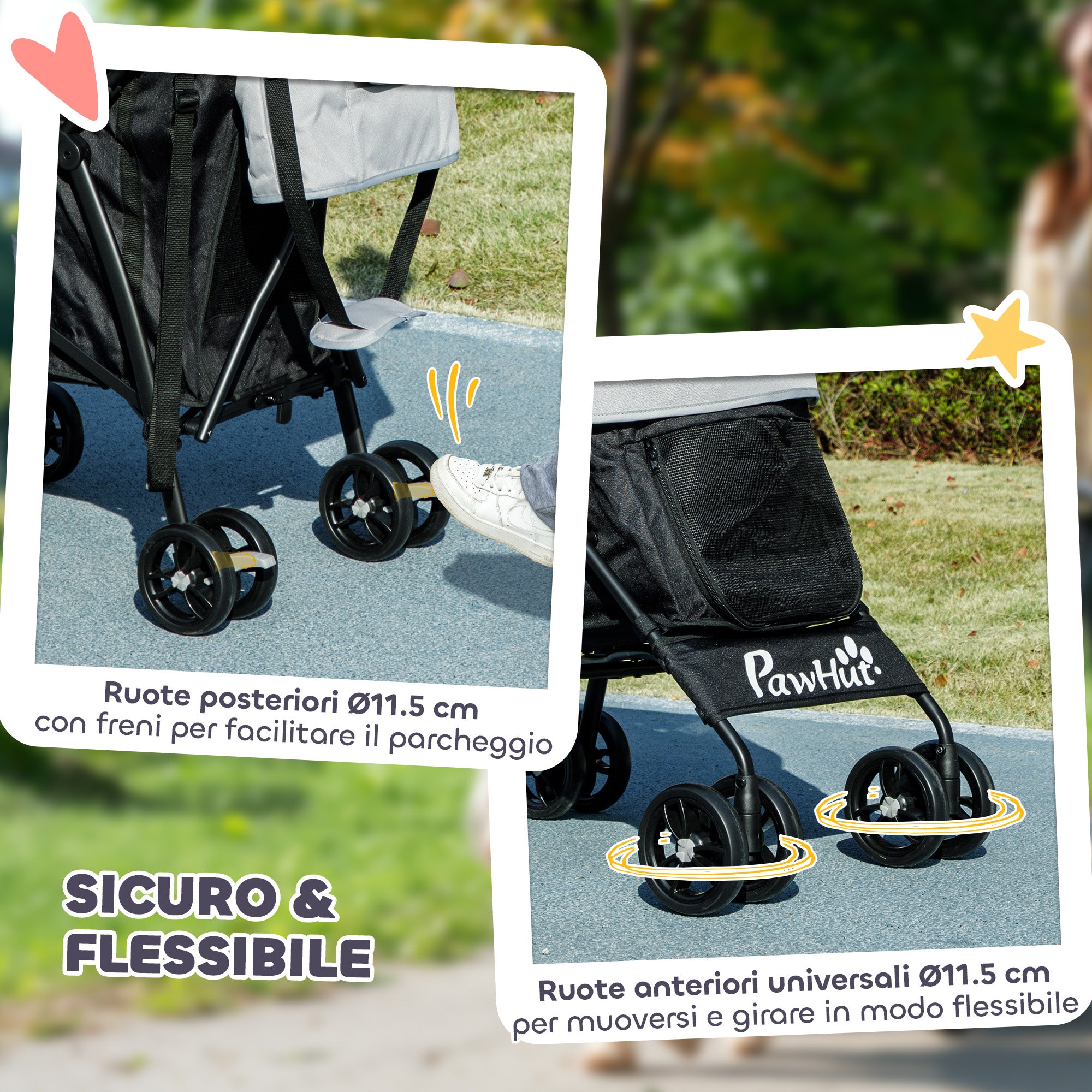 Dog Stroller with 2 Mesh Windows, Steel and Oxford Fabric, 76x44x103 cm, Black and Light Grey