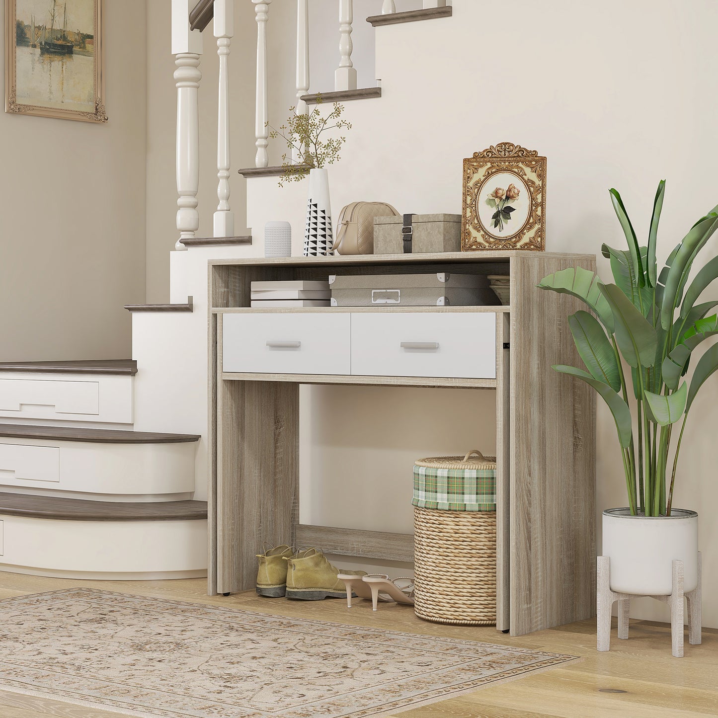 Console Table with Pull-Out Top and 2 Wooden Drawers, 95x35x87cm, Oak