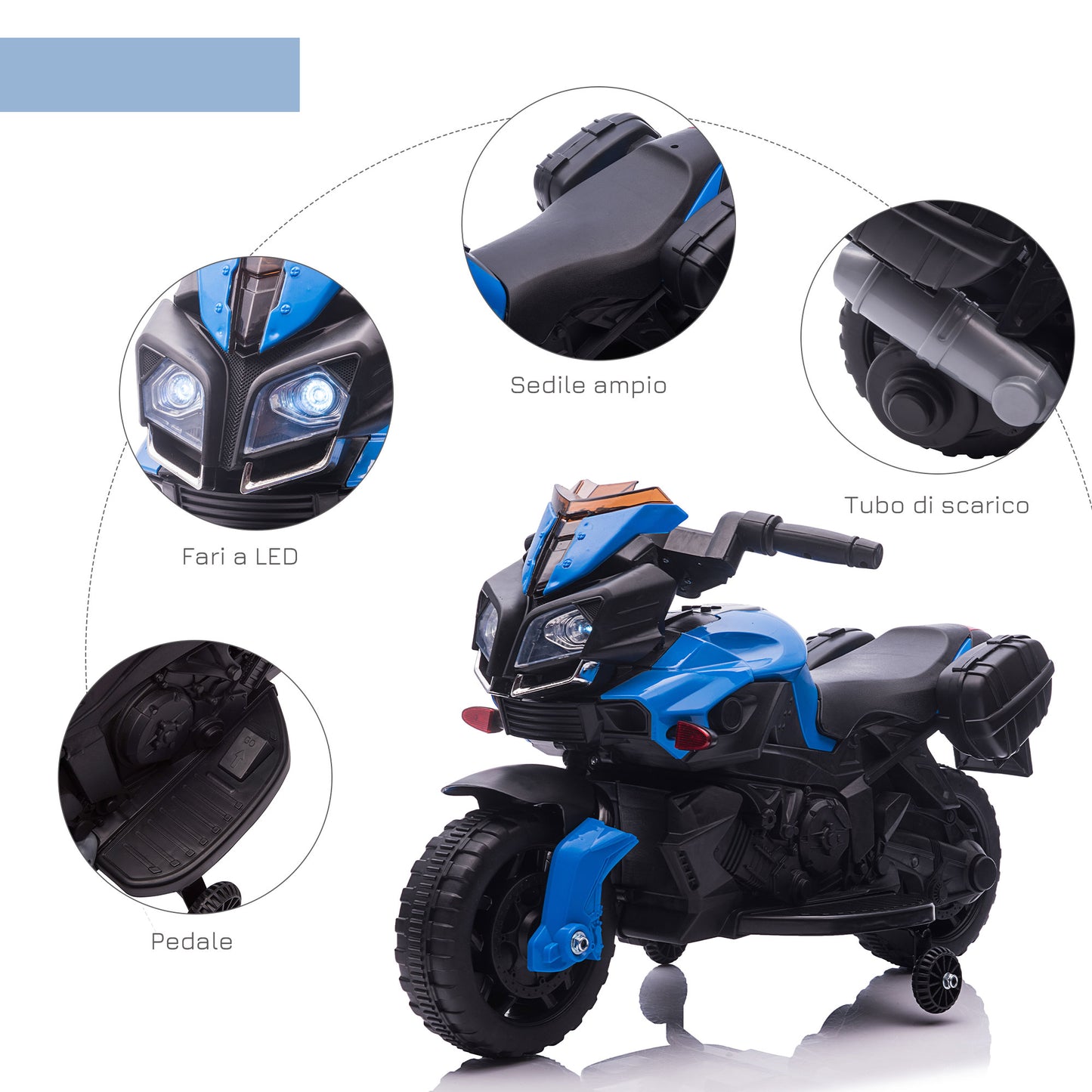 6V Electric Motorcycle for Children 18-48 Months with Headlights and Horn, in PP and Metal, 88.5x42.5x49 cm, Blue