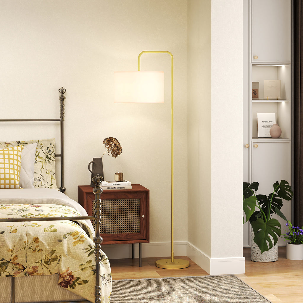 HOMCOM Arched Floor Lamp with Linen-Effect Fabric Shade and Steel Foot Switch, Gold