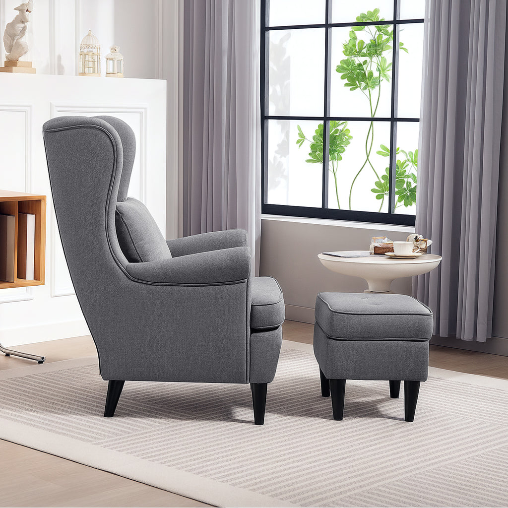 Fabric Living Room Armchair with Footstool, High Backrest and Cushion, 75x83x104 cm, Grey