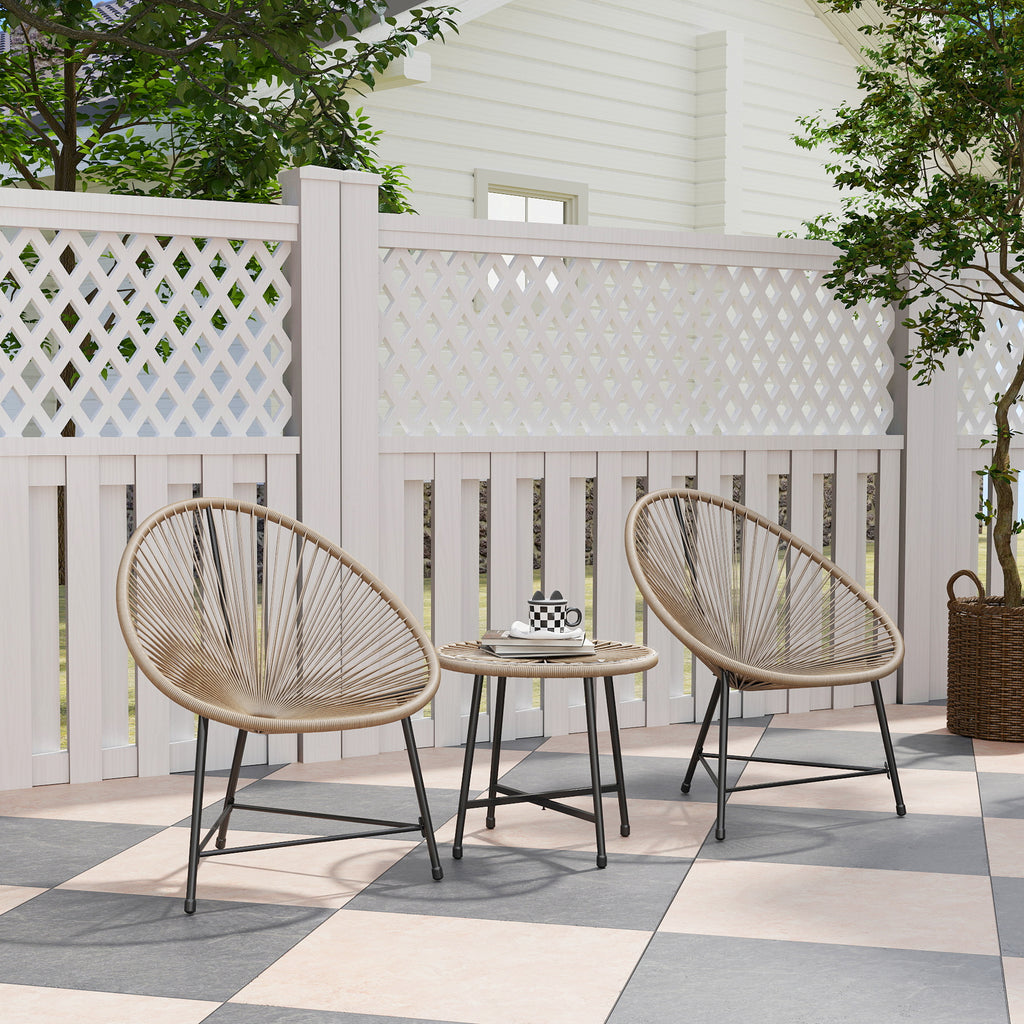 3 Piece PE Rattan and Steel Garden Set with 2 Oval Chairs and Coffee Table, Black and Wood Color