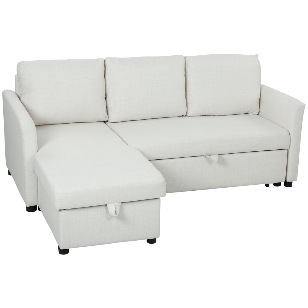 Linen-Effect Corner Sofa Bed with Retractable Storage Compartment, 192x148x86 cm, Cream White