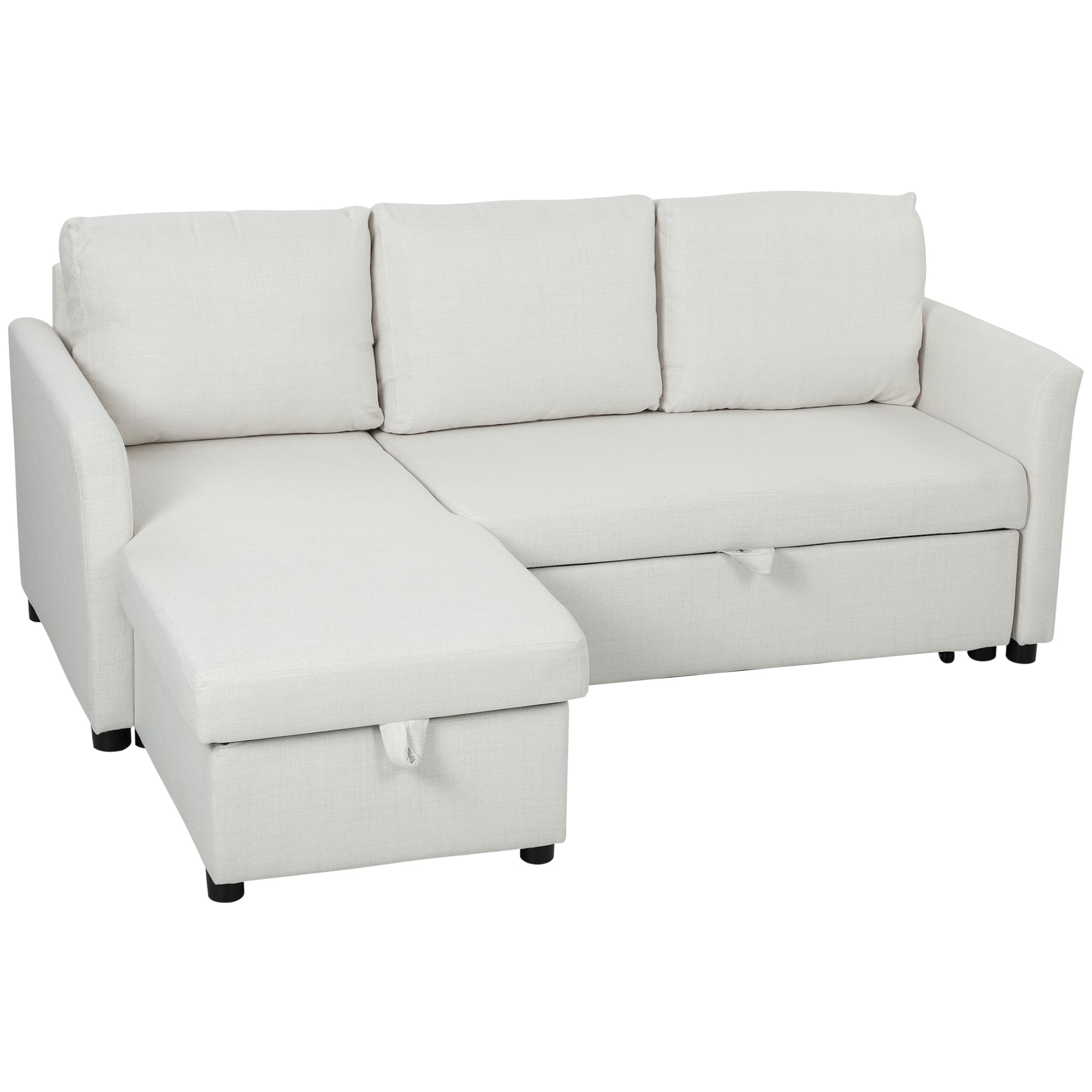 Linen-Effect Corner Sofa Bed with Retractable Storage Compartment, 192x148x86 cm, Cream White