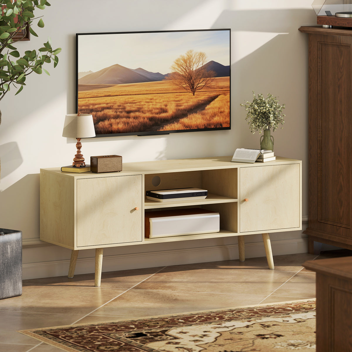 HOMCOM 55" Max TV Stand with 2 Cabinets and 2 Open Shelves, in Wood and Chipboard, 120x34x50 cm, Wood Color