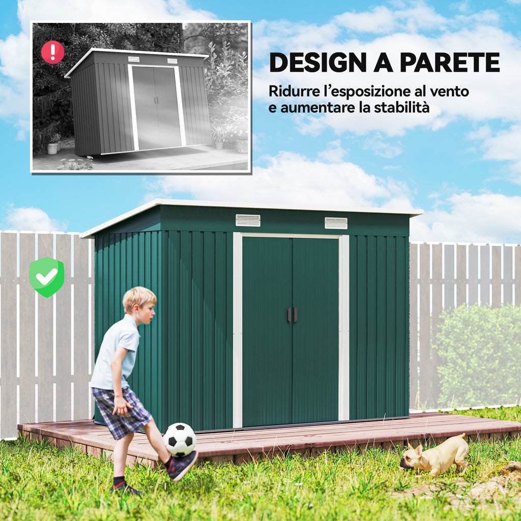 Outsunny Steel Garden Shed 272 x 134 cm with Double Sliding Doors and 2 Vents, Green
