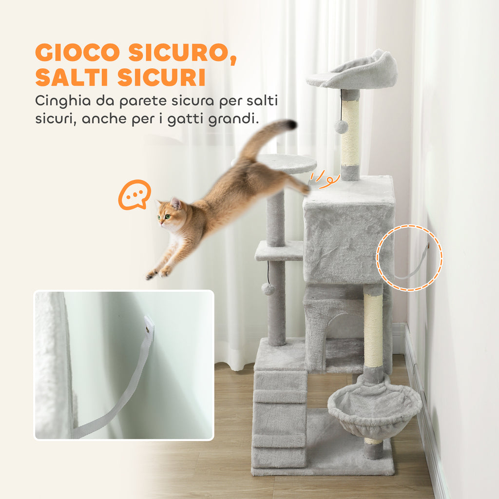 Cat Tree, 140 cm Tall, with 2 Cat Houses, Hammock, Bed and Sisal Posts, Grey