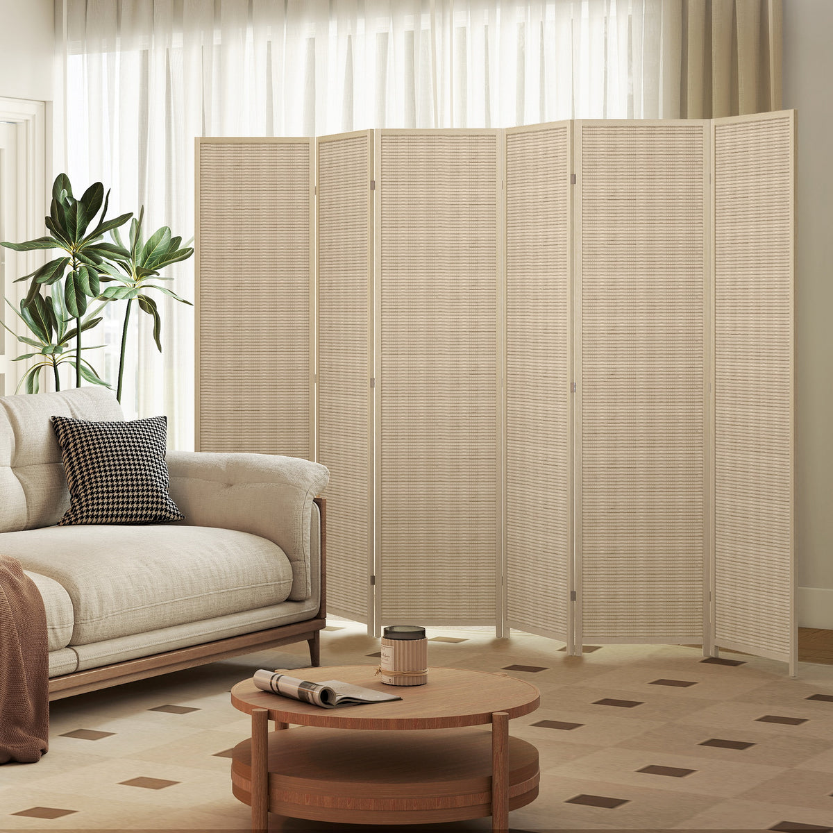 HOMCOM 6-Panel Folding Indoor Room Divider in Wood and Bamboo, Height 180cm, Natural Color