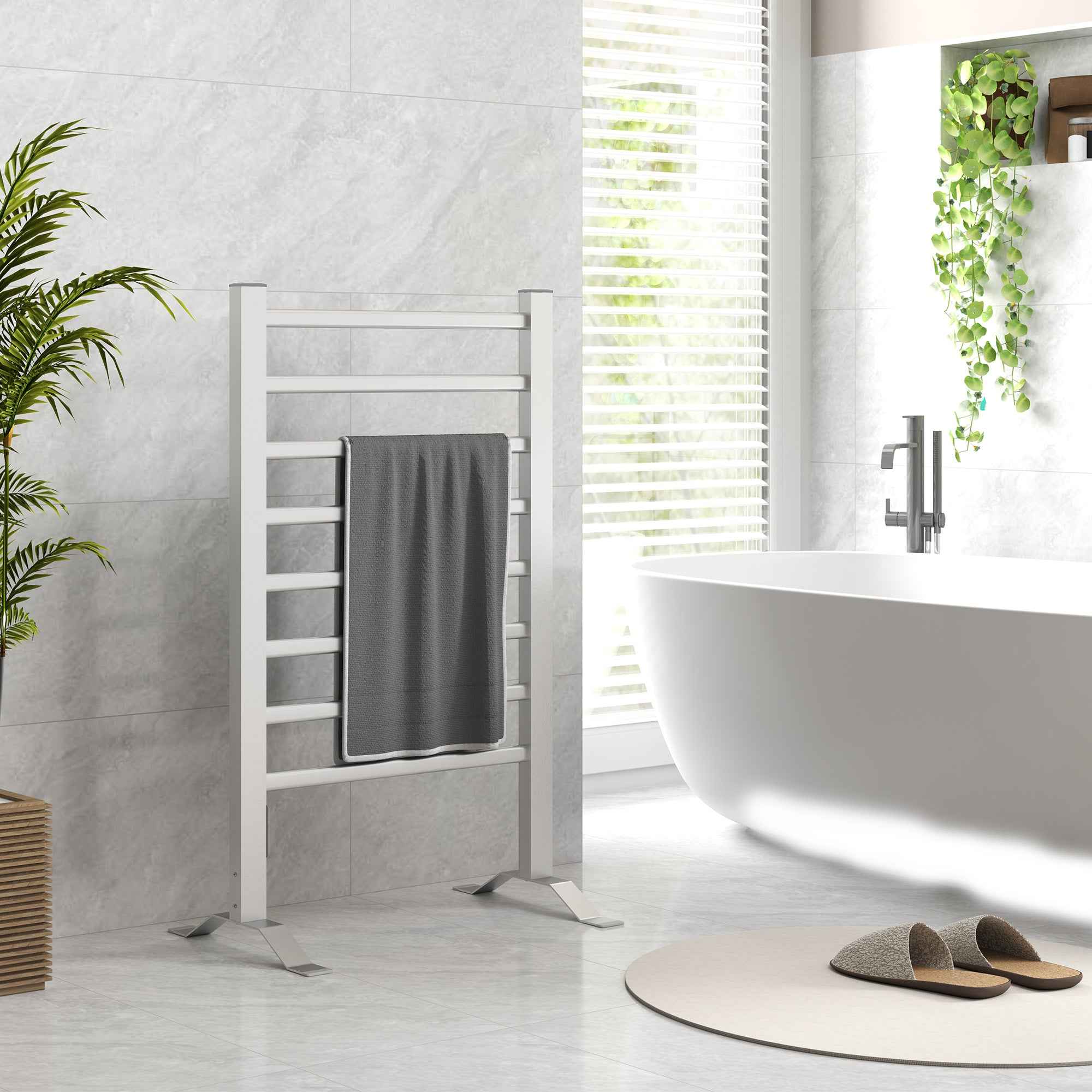 HOMCOM 150W Electric Floor or Wall Towel Warmer with 8 Bars and 2-4 Hour Timer, 53x35x90 cm, Silver