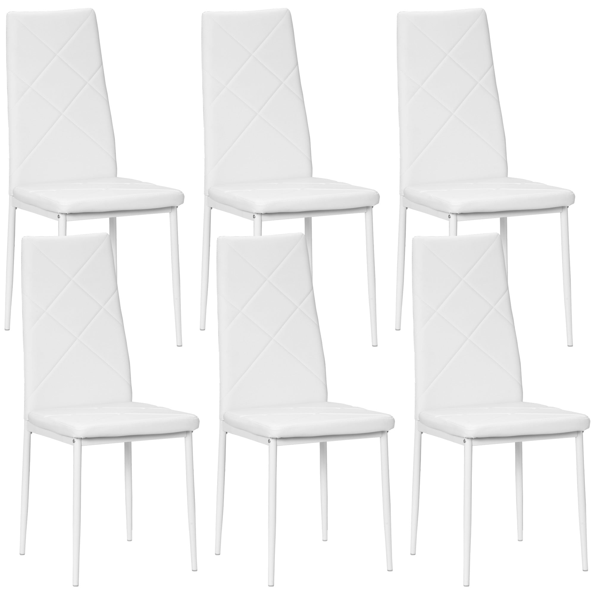 Set of 6 Modern High Back Dining Chairs in Faux Leather and Steel, 41x50x97 cm, White