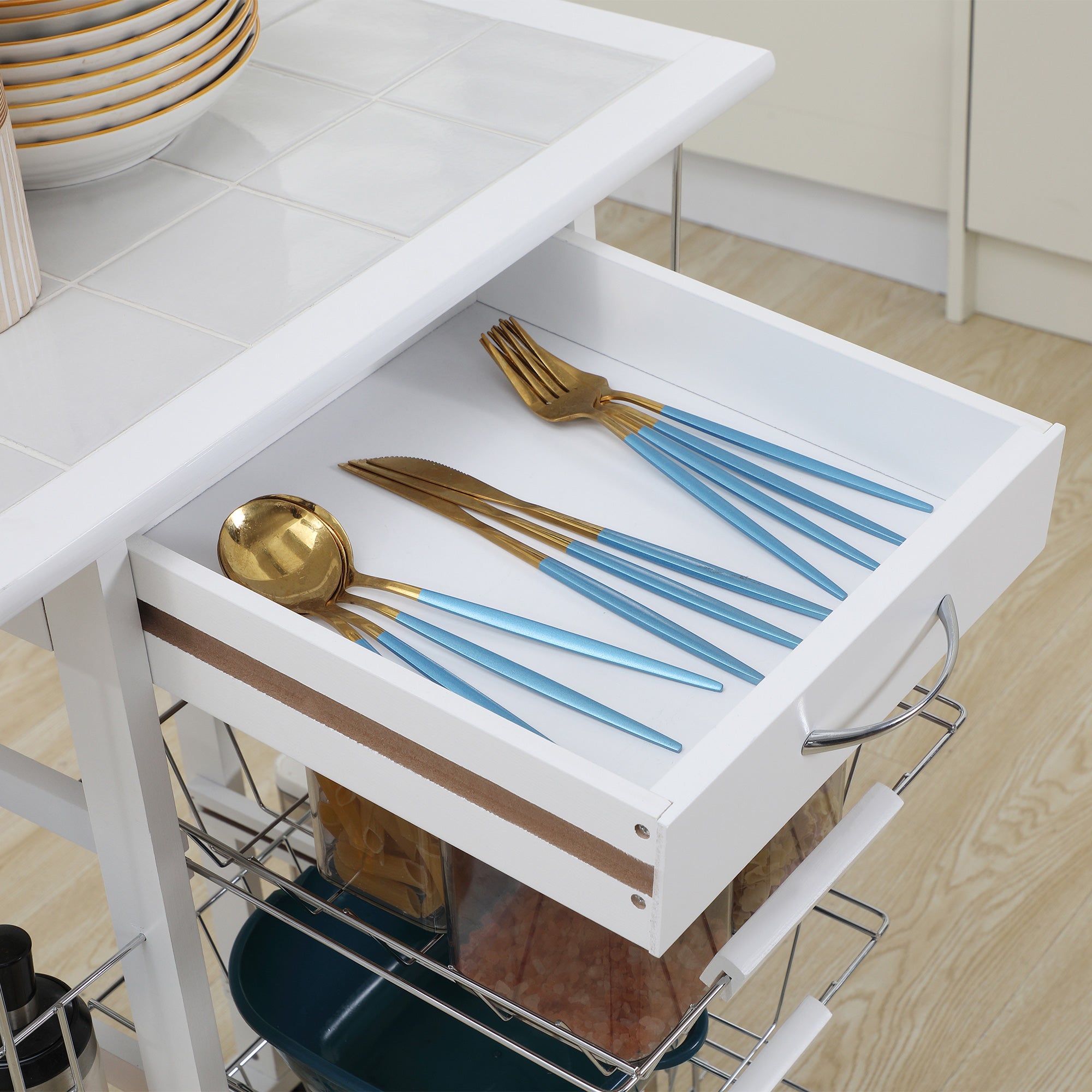 Kitchen Trolley with Drawer, 4 Baskets and 4 Shelves, in Metal, Ceramic and Wood, 57x37x83 cm, White