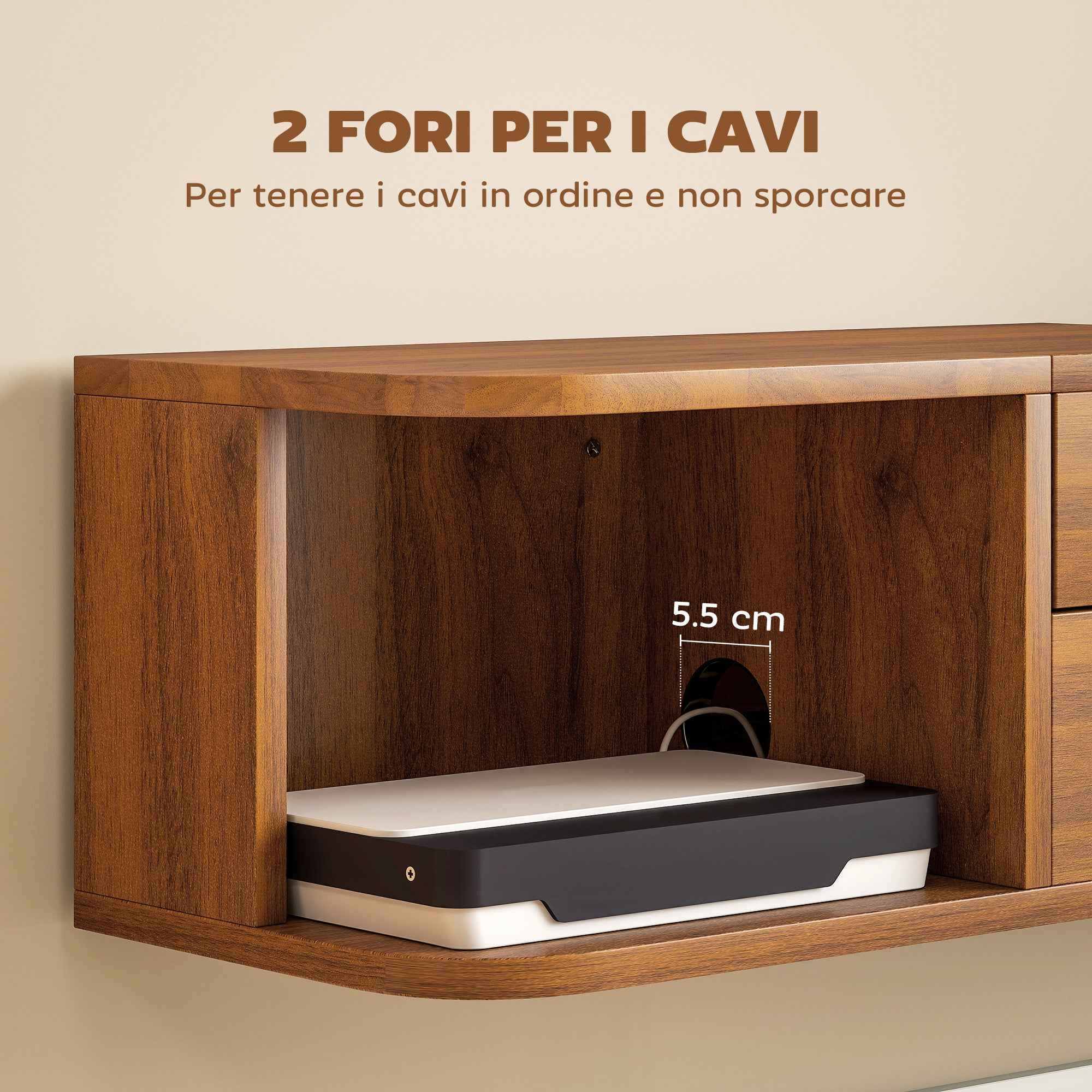 HOMCOM Wall-Mounted TV Stand for up to 50" with Power Sockets, USB and Type-C, Drawer and Shelves, 120x24x22.4 cm, Walnut