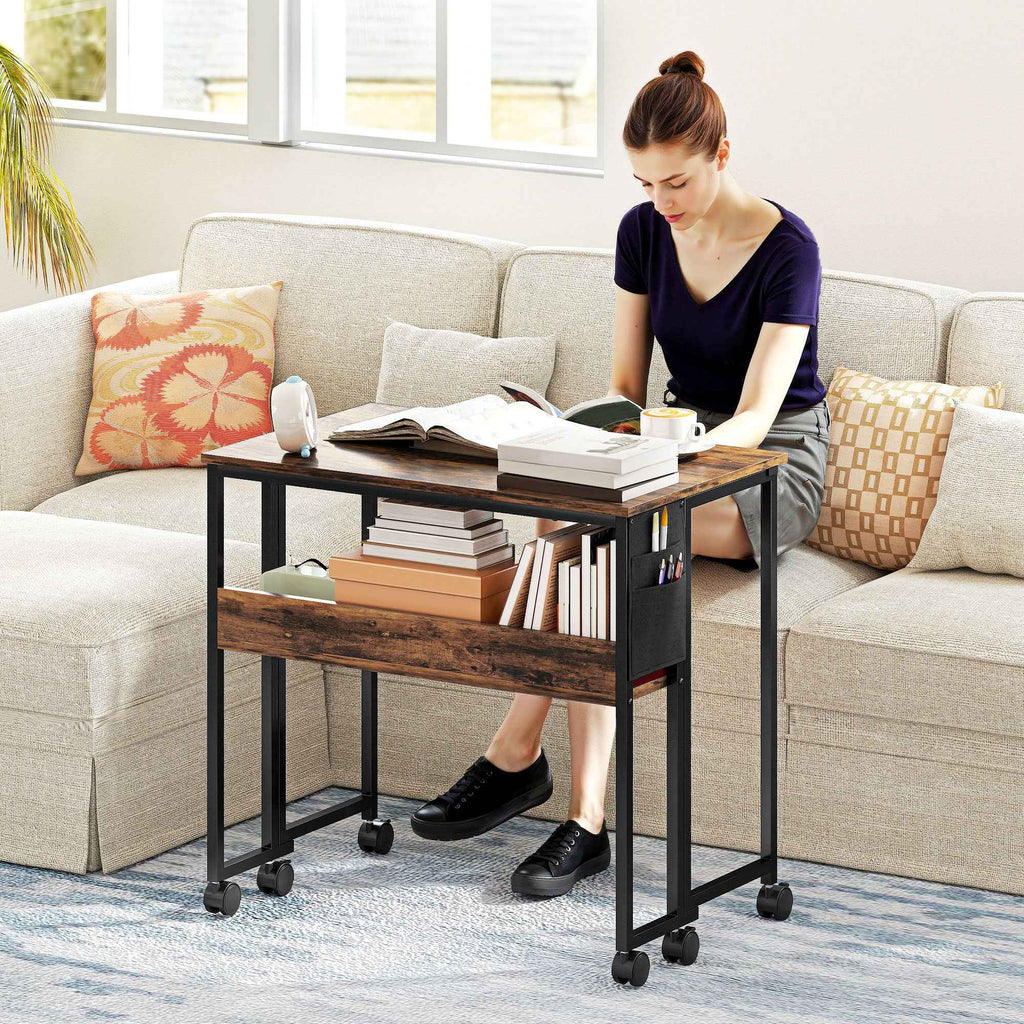 HOMCOM Folding Desk on Wheels 80 x 50 cm with Shelf and Storage Bag, Rustic Brown